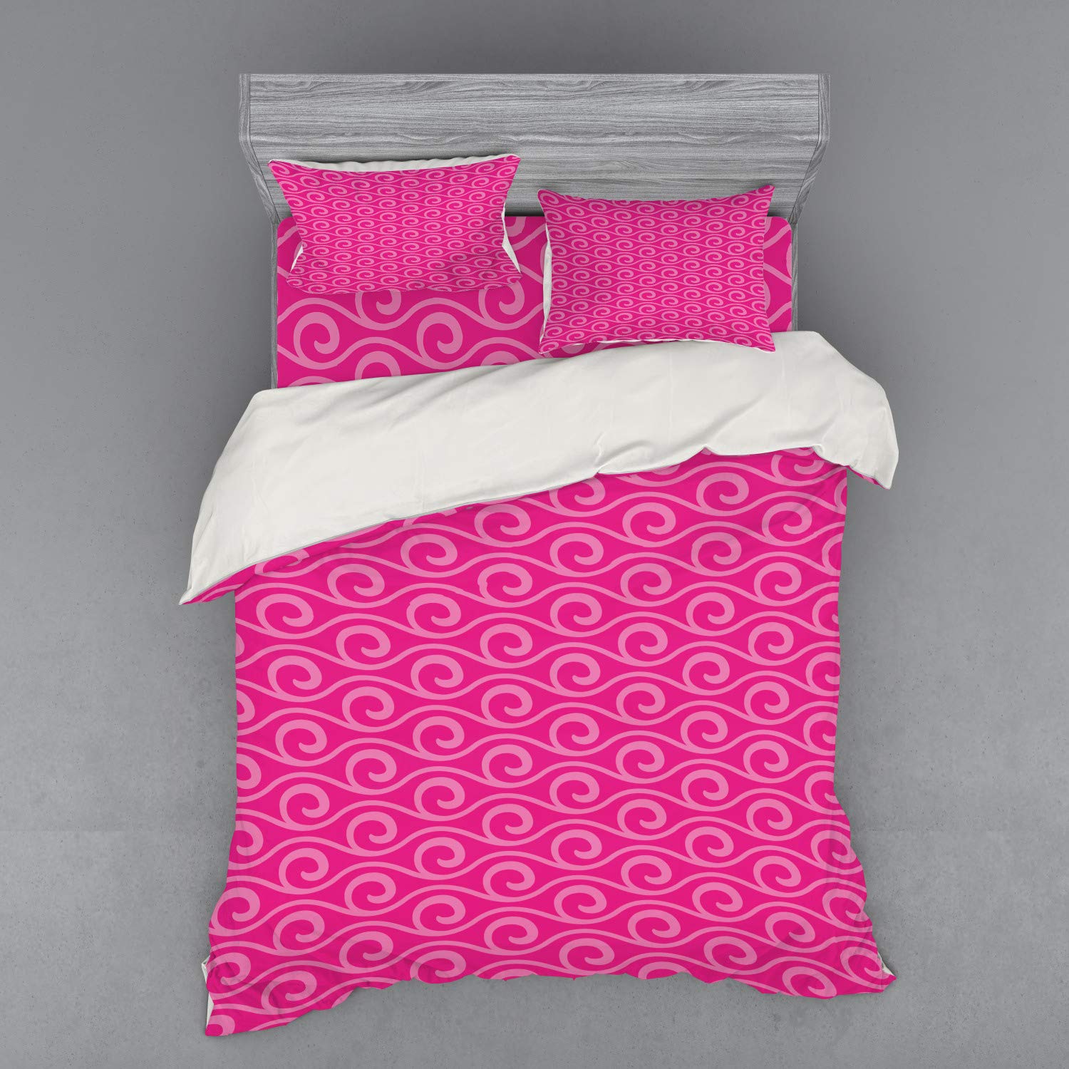 Ambesonne Pink Queen Size 4-Piece Bedding Set - Ocean Waves Abstract Fantasy Duvet Cover with Shams & Fitted Sheet, Soft Hot Pink & Pale Pink - Perfect for Coastal, Boho or Modern Bedroom Decor