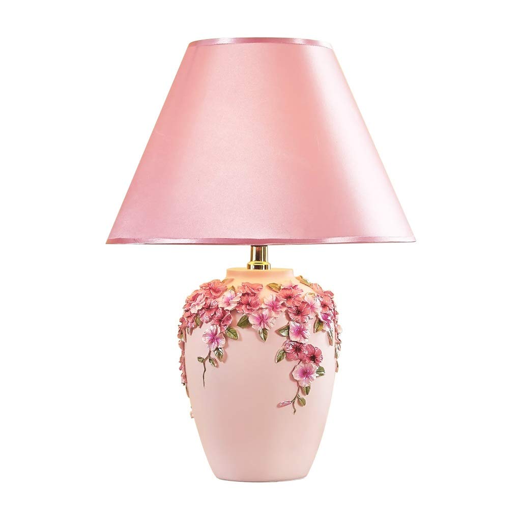Modern Pink Drum Shade Table Lamp with Resin Carved Flower Vase Base - E27 Nightstand Lamp for Bedroom, Home Office, Cafe & Restaurant - Perfect for Reading, Working & Ambient Lighting