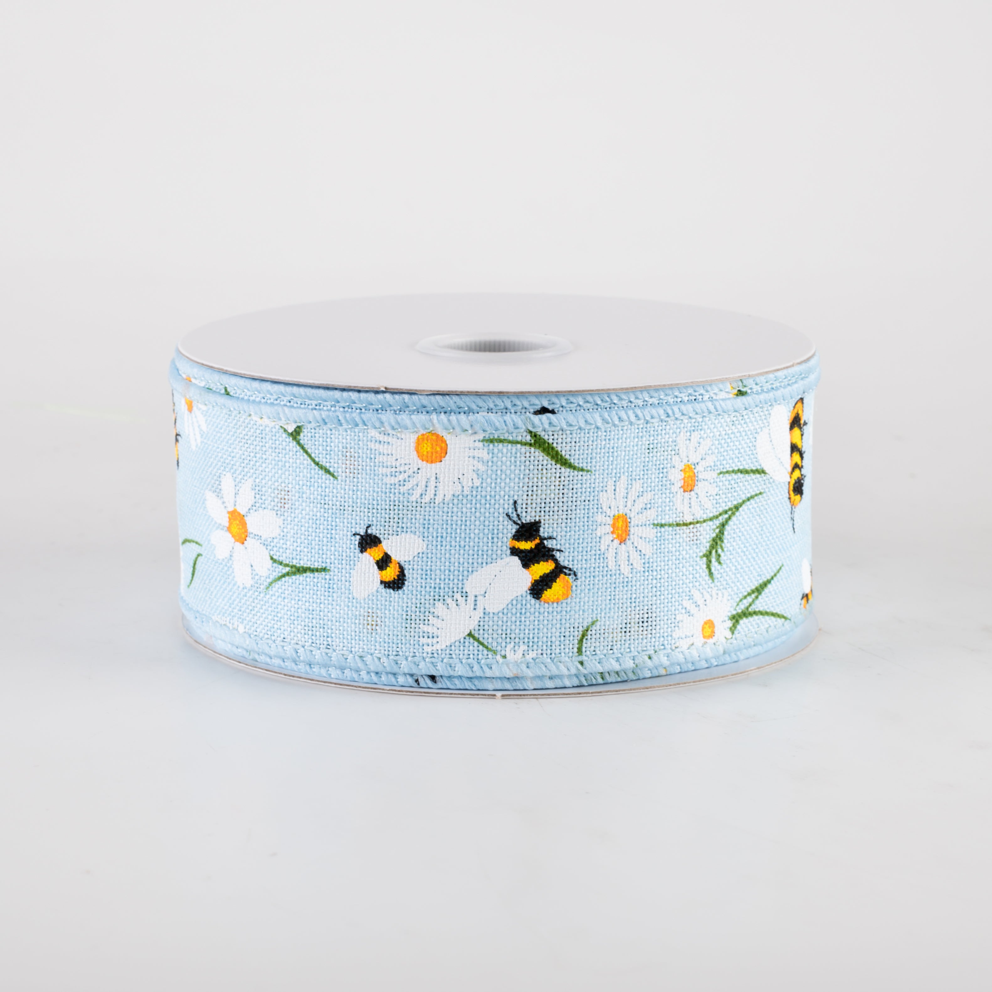 1.5 Inch Light Blue Linen Daisies & Bumblebees Ribbon - 10 Yards for Gift Wrapping, DIY Crafts, Wedding Decorations and Scrapbooking