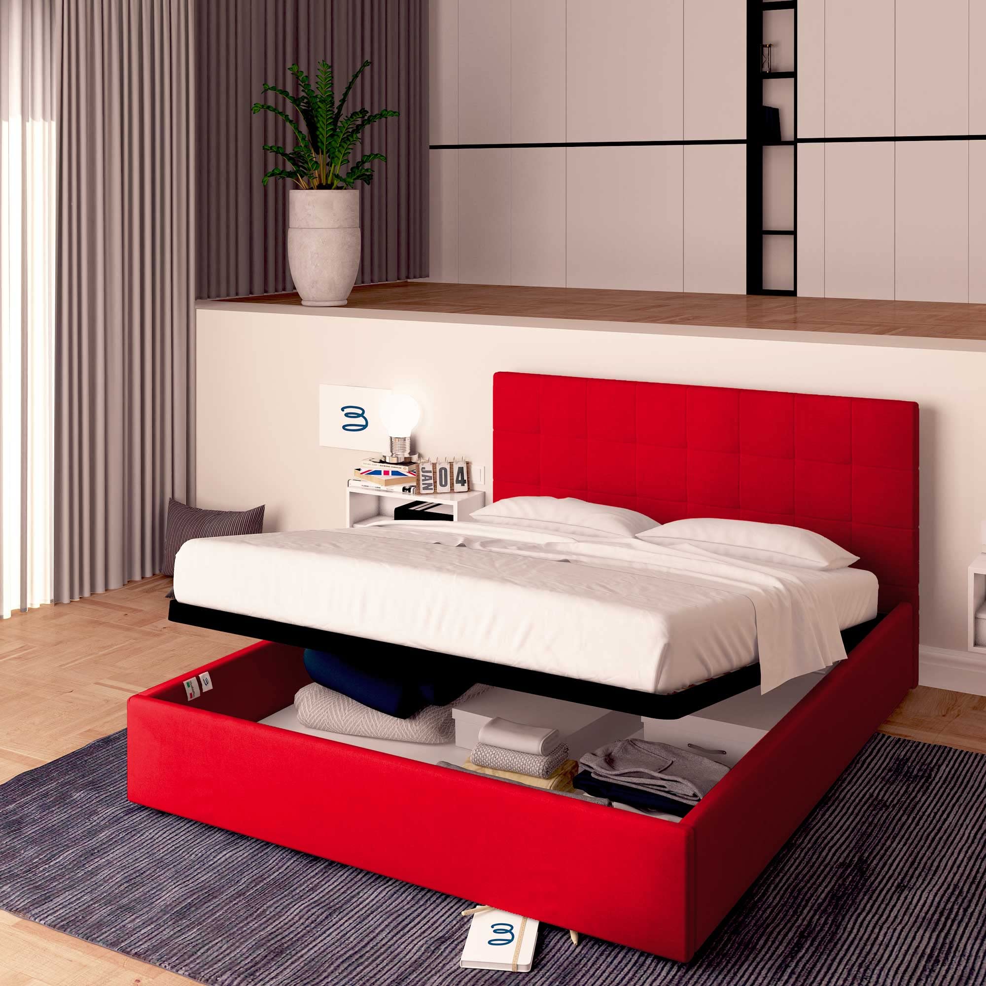 Baldiflex Single Bed with Storage - Synthetic Leather Dublin Model, 160x190cm Slatted Base for Single Mattress, Elegant Headboard, Red - Perfect for Small Bedrooms, Guest Rooms & Studio Apartments