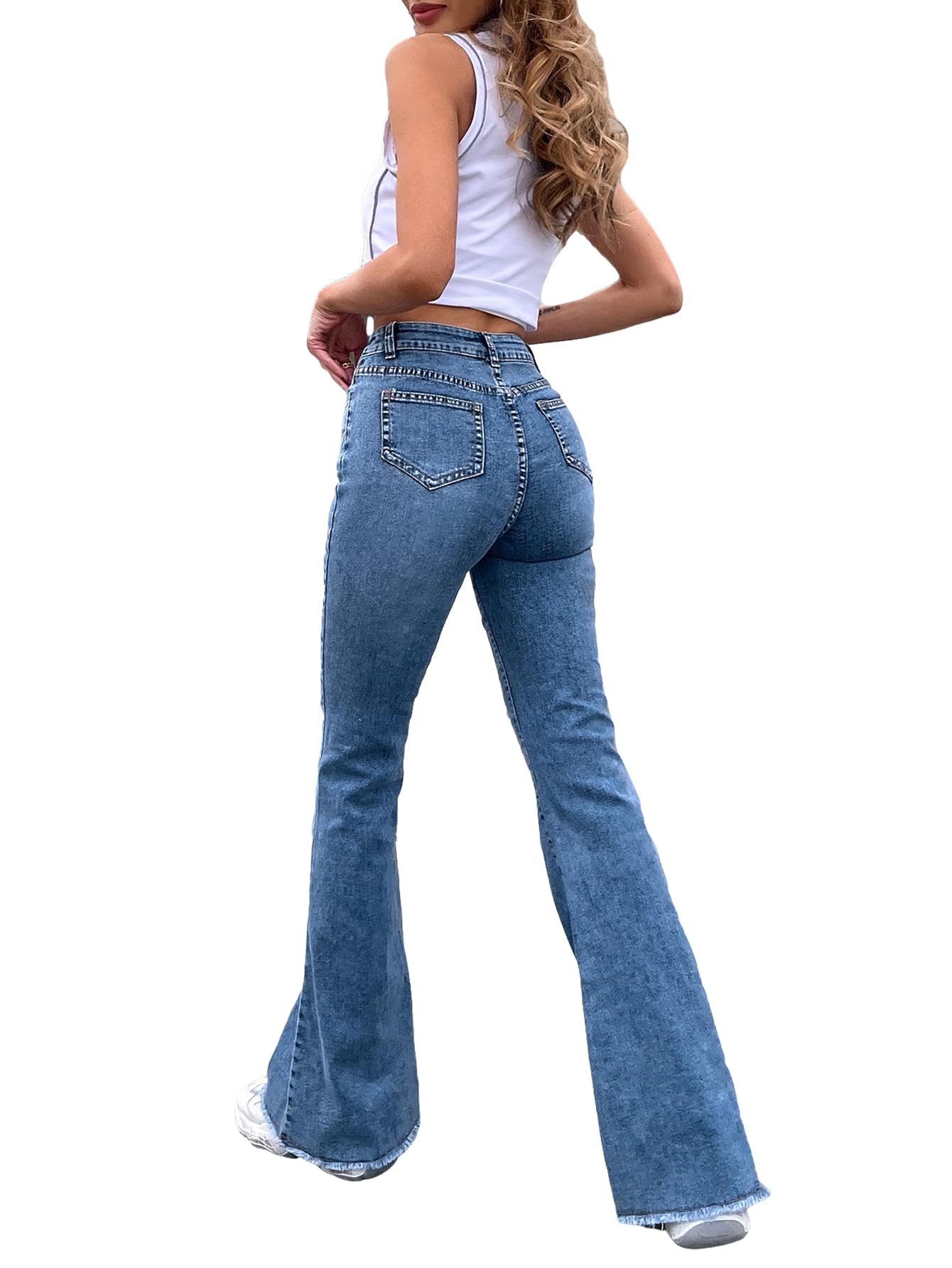 Floerns Women's High Waist Raw Hem Flare Jeans with Slant Pockets - Casual Denim Pants for Everyday Wear, Street Style & Vintage Outfits