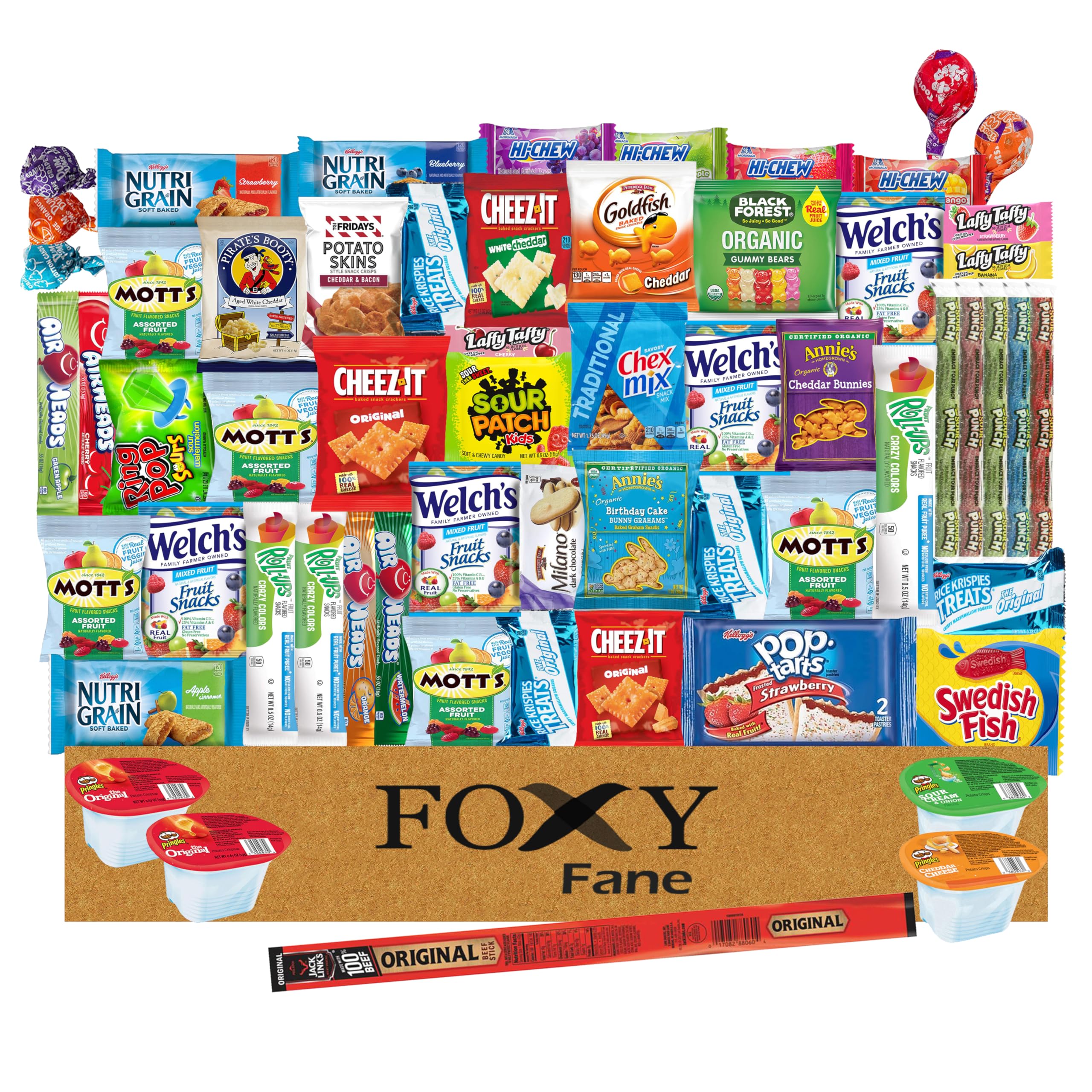 Foxy Fane 60 Count Snack Box - Ultimate Gift Care Package with Assorted Crackers, Cookies, Candy & Chips - Bulk Variety Pack of 60 Delicious Snacks | Perfect for Office Snacks, Birthday Gifts, Care Packages & Party Favors