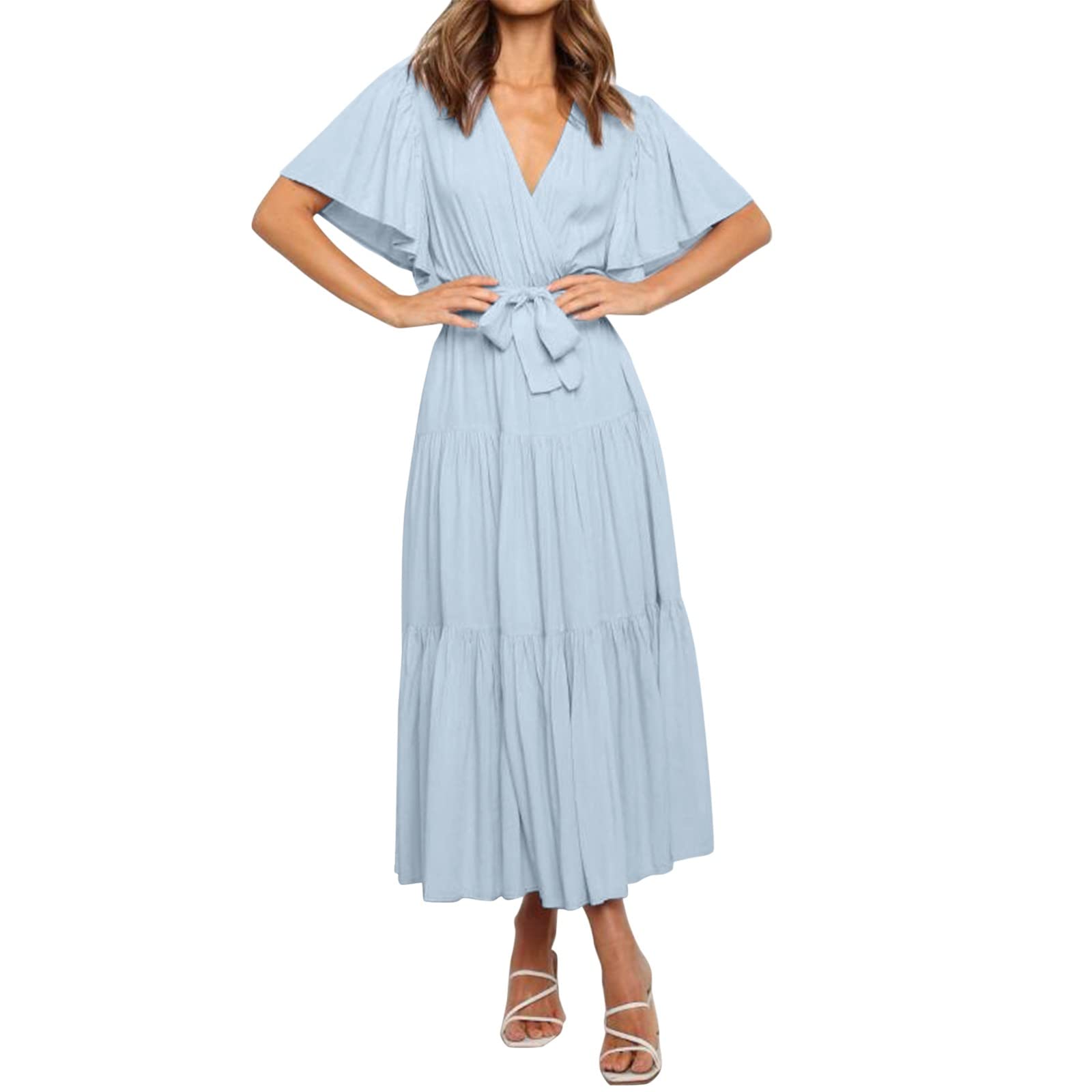 Women's Summer Casual Ruffle Wrap Dress - Short Sleeve V-Neck Flowy Sundress for Beach, Vacation & Outdoor Parties | Lightweight Comfortable Day Dress
