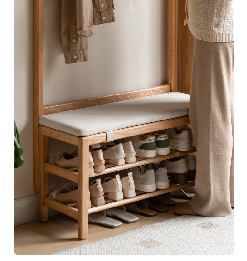 Solid Oak Wood Shoe Bench with Hooks - Entryway Organizer & Shoe Storage Stool for Hallway, Bedroom, or Mudroom