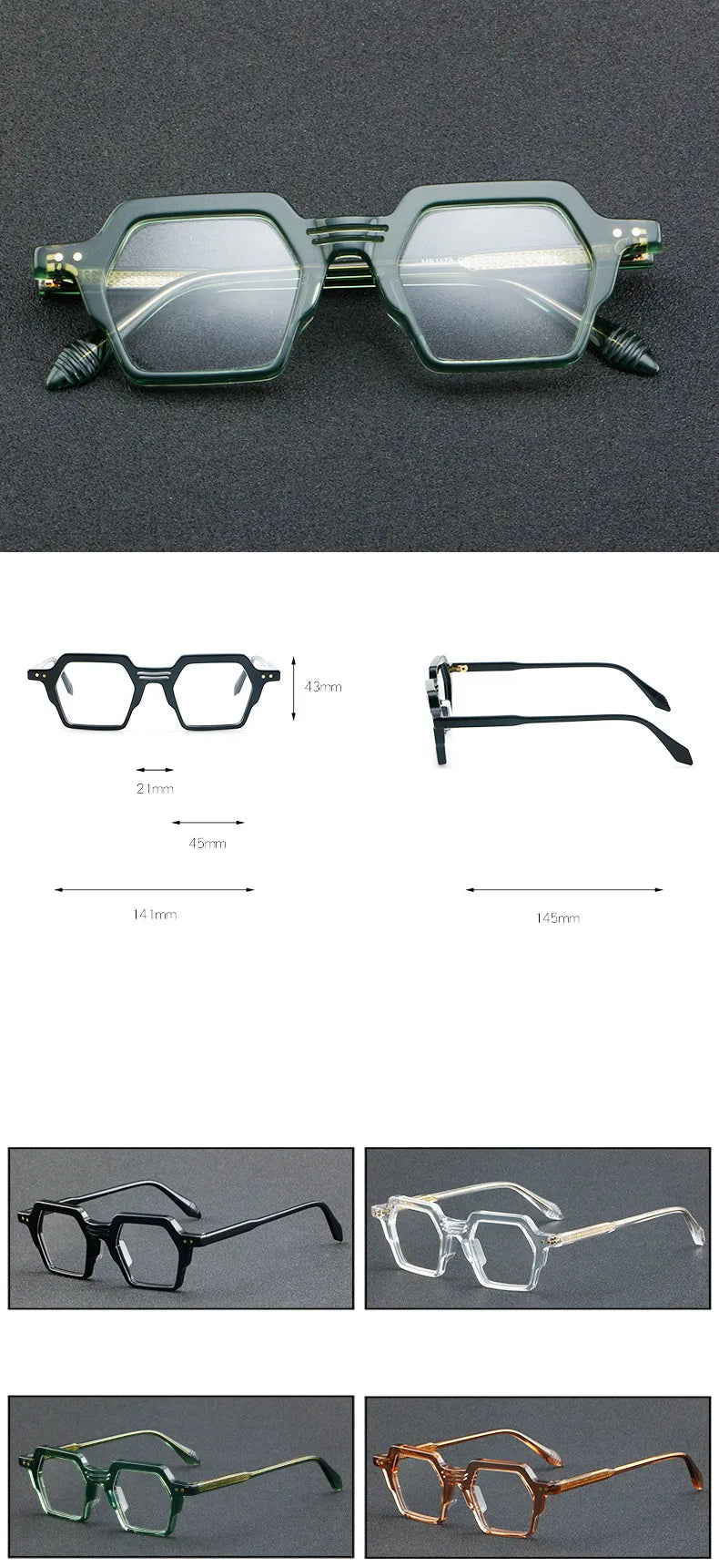 CCspace Unisex Full Rim Polygon Acetate Eyeglasses 56914 - Stylish & Durable Frame for Men & Women - Perfect for Work, Reading & Fashion Accessories