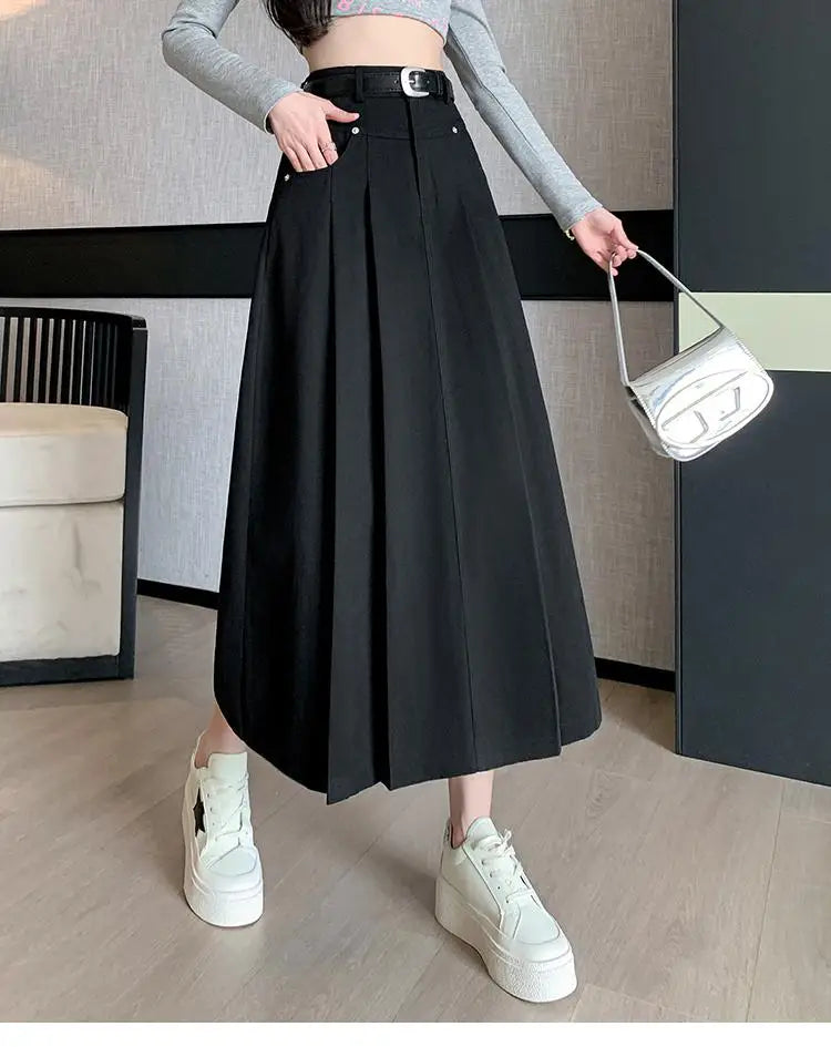 2024 Women's Black & Beige Denim Long Skirt - High Waist Pleated A-Line Umbrella Jean Skirt for Spring Summer | Office Wear, Casual Outfits & Date Night Fashion