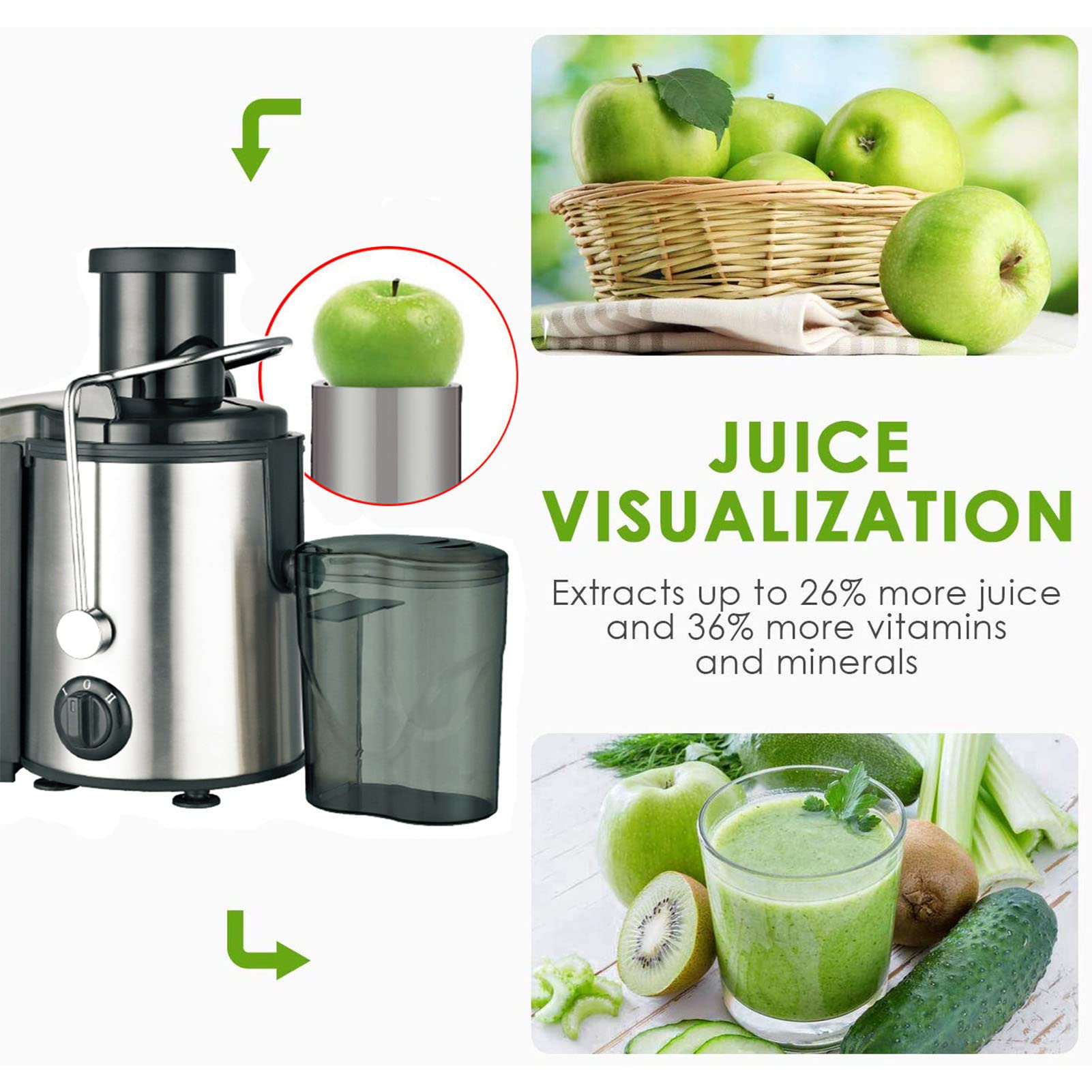 800W High-Power Juicer Machine - Stainless Steel Big Mouth Electric Juicer Extractor - No Pomace Fiber Residue - Easy to Disassemble & Clean - Citrus Juicer for Fruits & Vegetables - Perfect for Healthy Smoothies, Detox Drinks & Family Breakfast