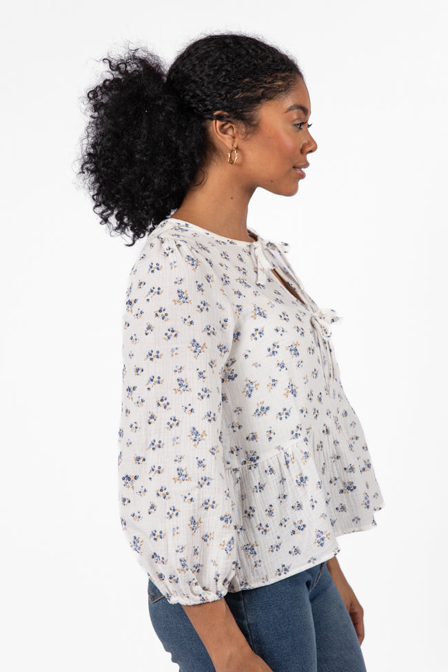 Elegant Ivory & Blue Bow Detail Floral Blouse for Women | Romantic Spring Summer Top | Perfect for Date Night, Office Wear & Special Occasions
