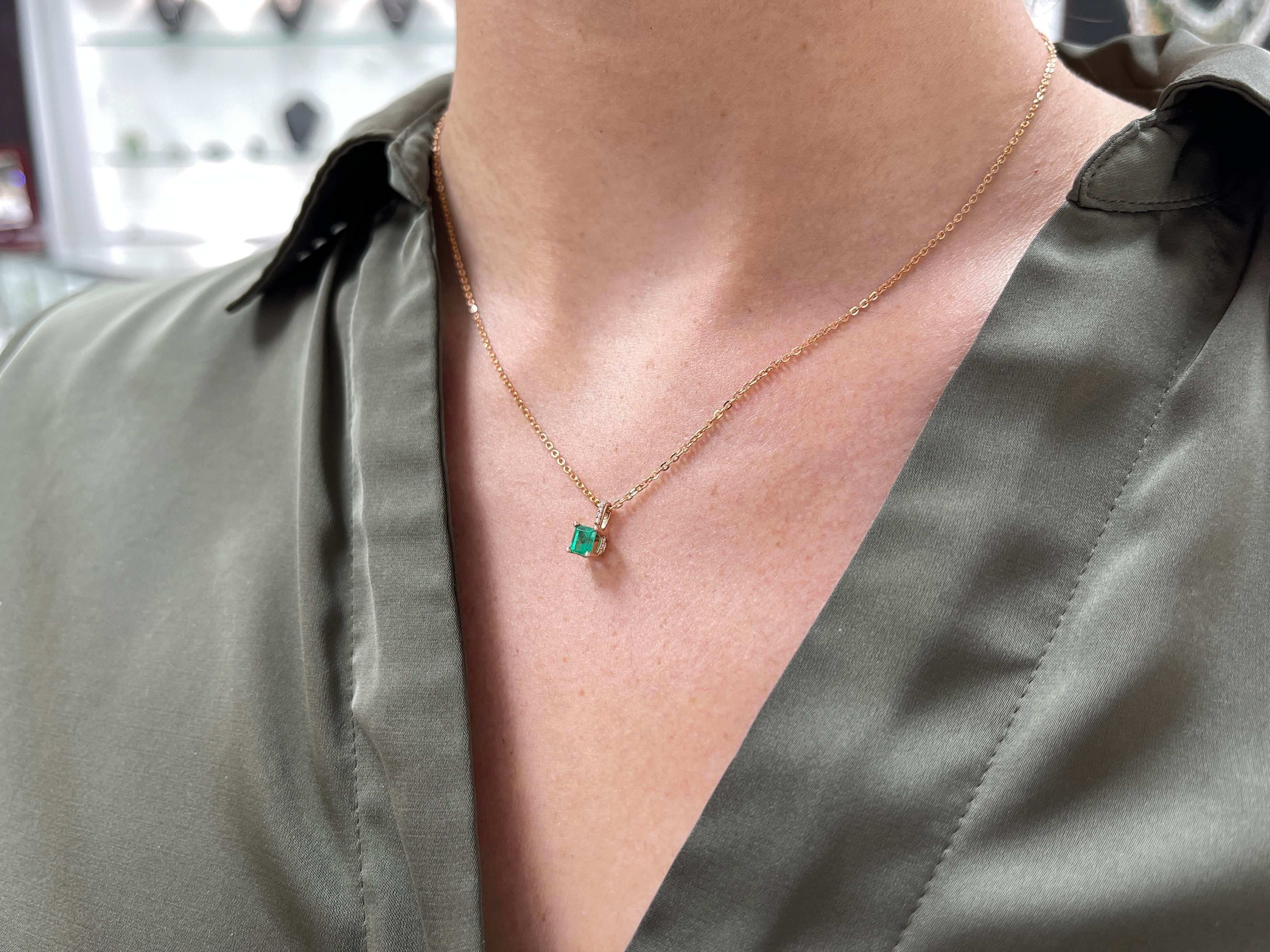 0.55tcw Petite Natural Emerald & Diamond Accent Rose Gold Necklace for Women - Elegant Birthstone Jewelry Gift for Mom, Wife, Anniversary & Special Occasions