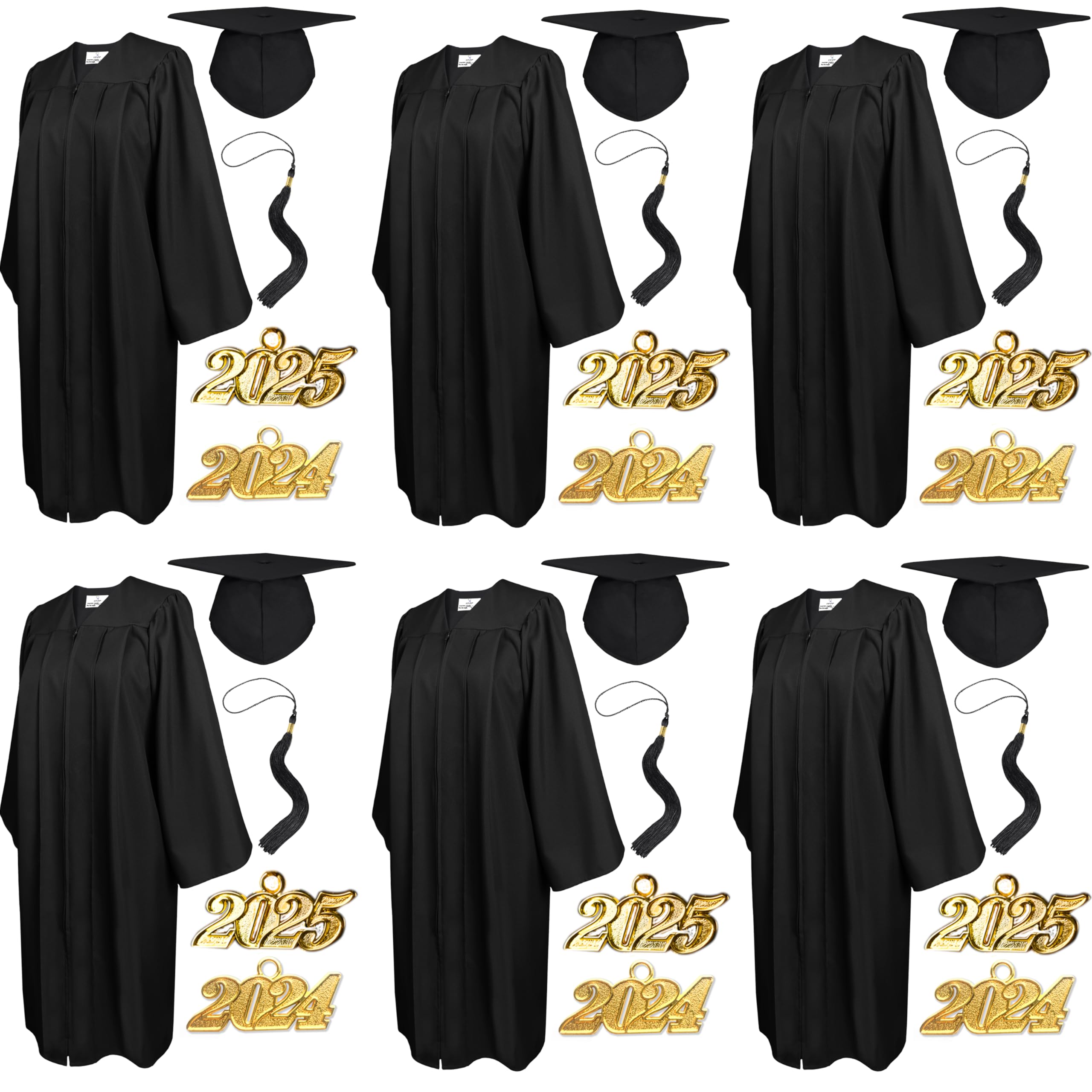 6Pcs Graduation Cap and Gown Set with Matching Tassels - 2024 & 2025 Year Charms - Unisex Matte Finish for High School & University - Perfect for Commencement Ceremonies, Graduation Photos & Celebrations