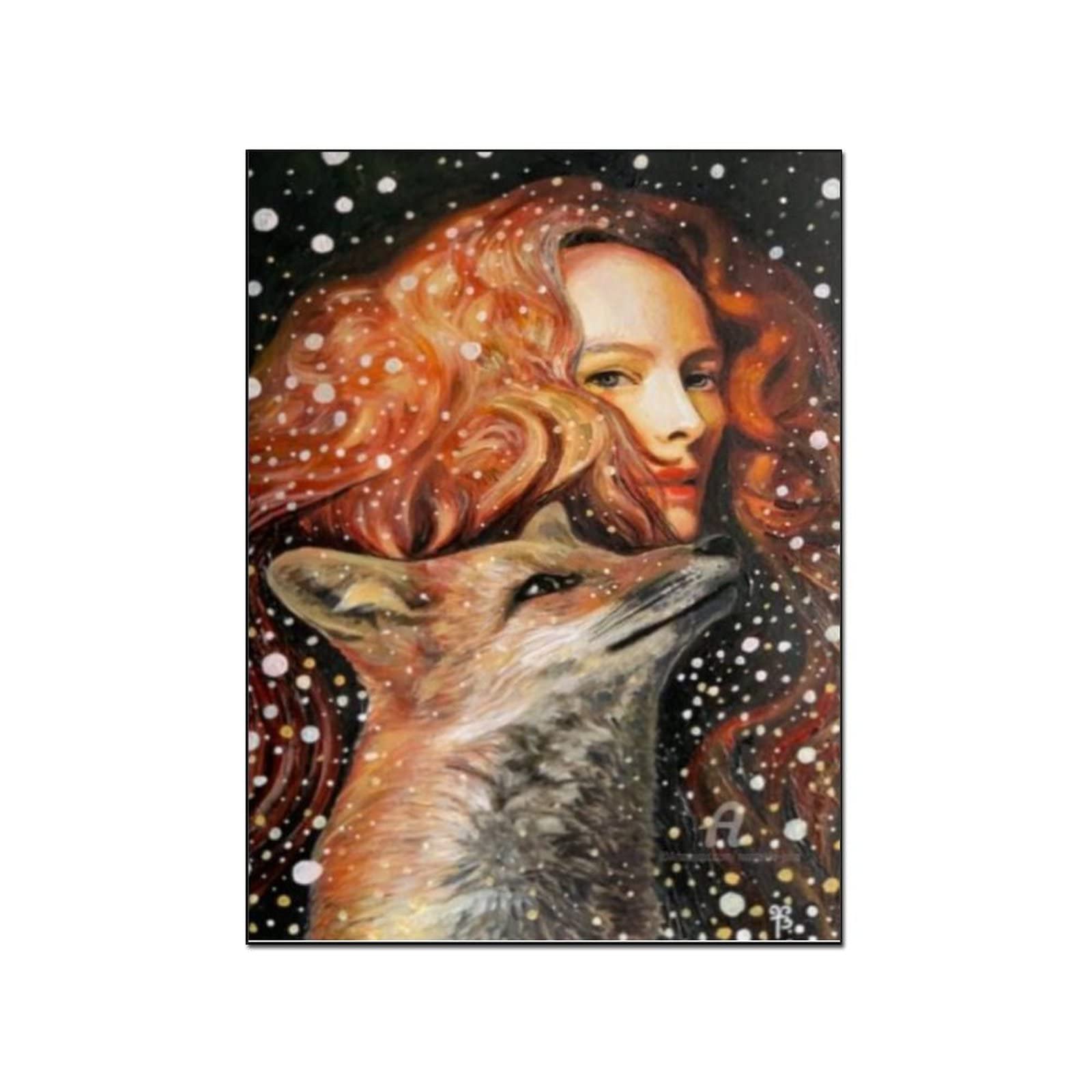 Fox Art Print - Redhead Woman Painting Poster Canvas Wall Art for Living Room & Bedroom Decor - 8x10 Inches (20x26cm) Framed Style - Perfect for Home, Office & Gift Giving