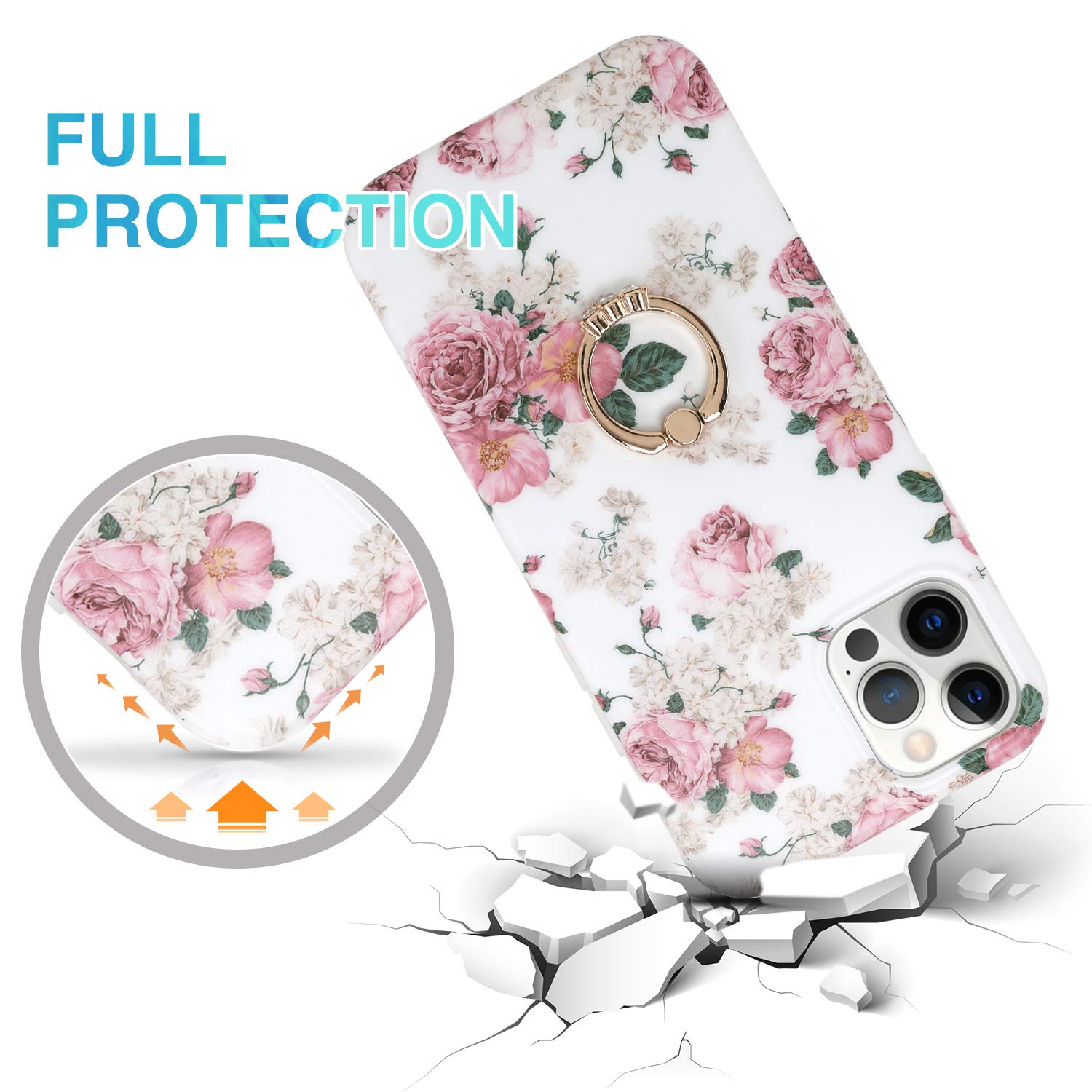**iPhone 12 Pro Max Case for Women - Floral Pattern Ultra Thin Matte Soft TPU Silicone Cover with 360° Ring Holder - Compatible with Apple iPhone 12 Pro Max 6.7