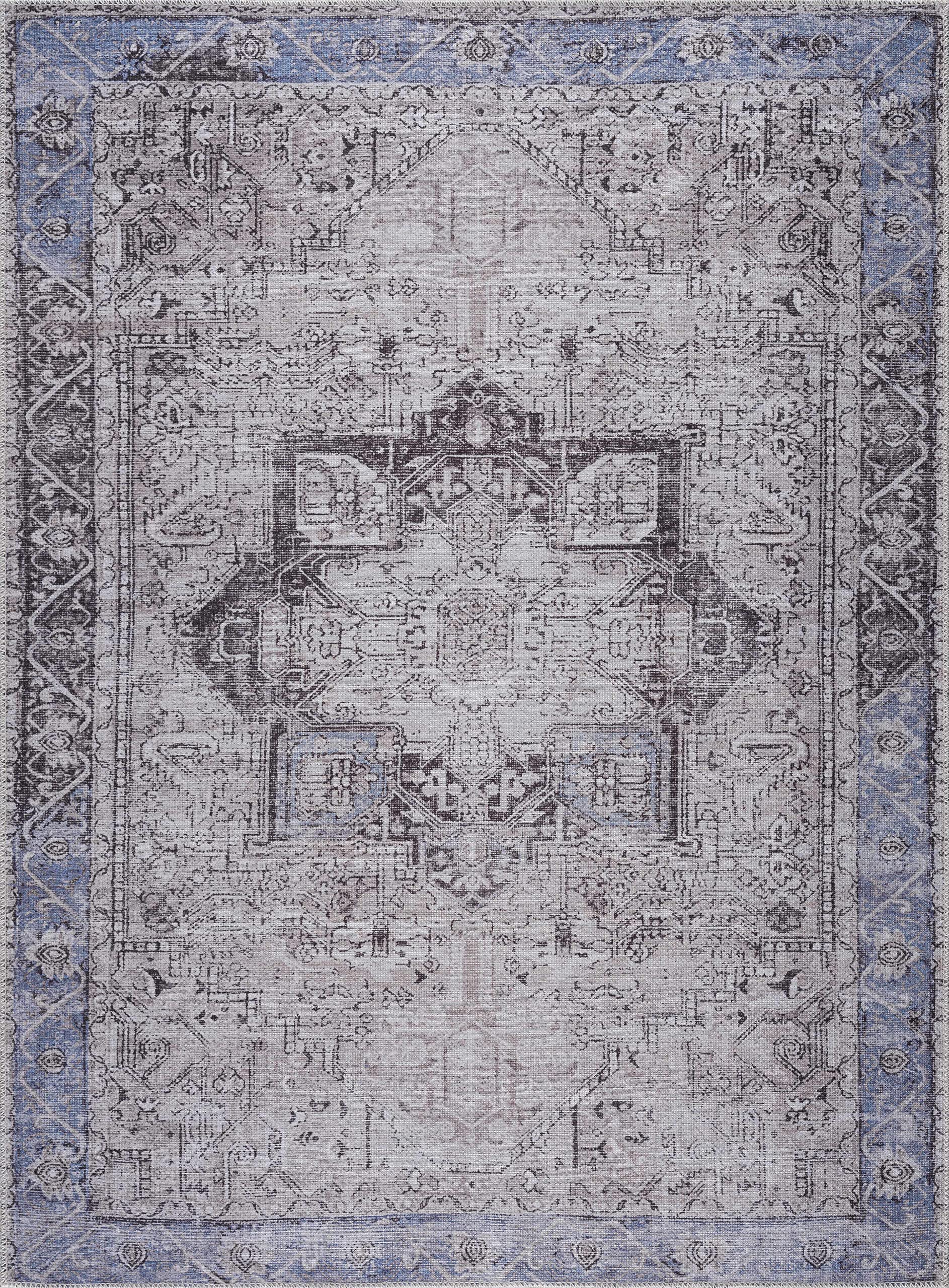 Hauteloom Rini Traditional Machine Washable Area Rug - Beige, Anthracite, Blue - 6'7