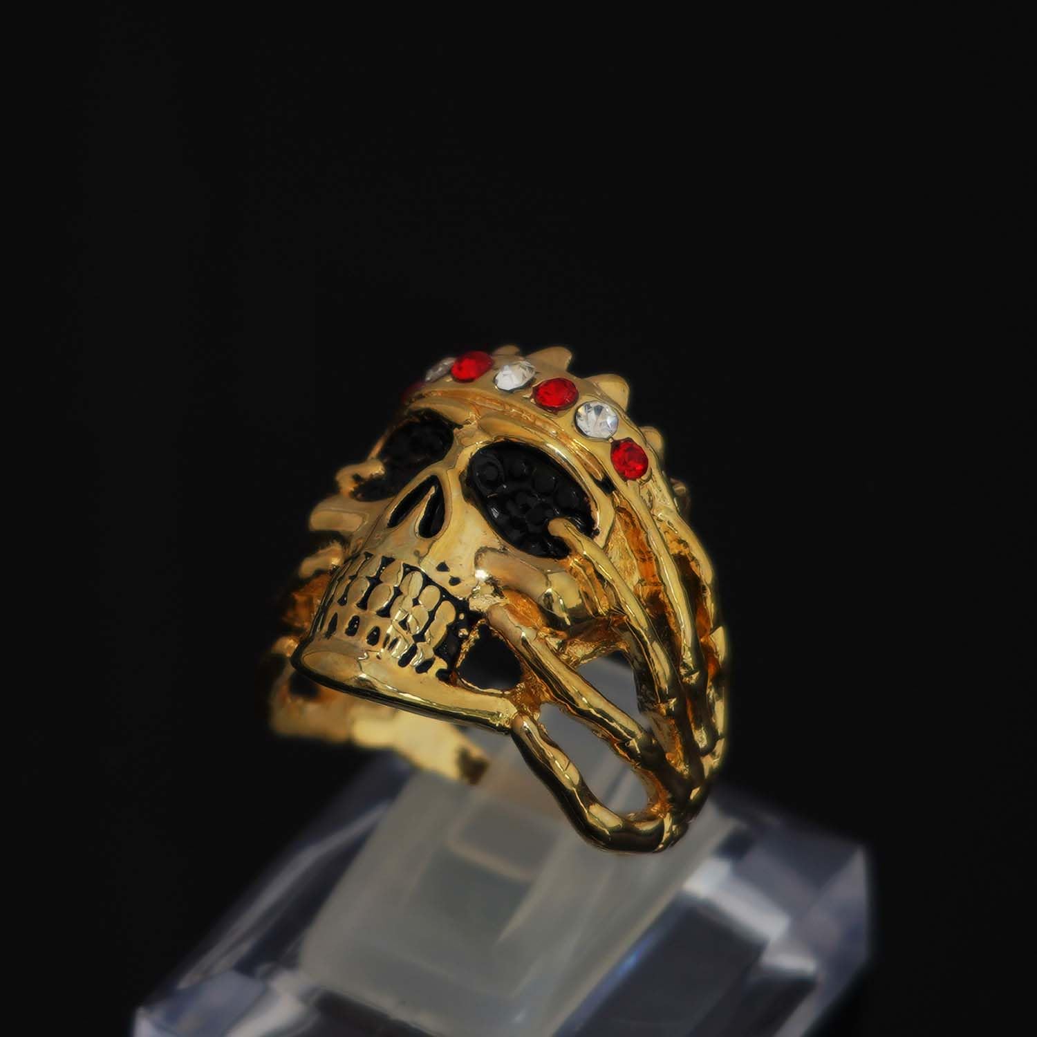 Men's Gothic Skull Head Ring with CZ Crown - Punk Jewelry for Halloween, Biker, Cocktail Party & Vintage Style - Black Eye Skull King Ring for Men