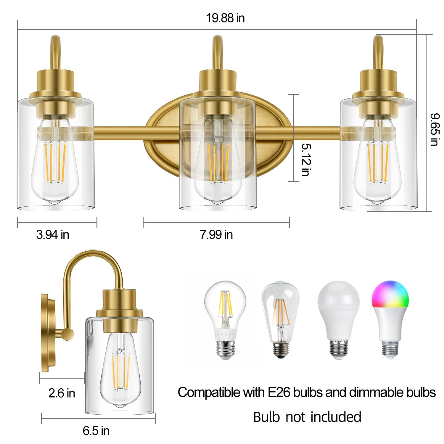 Modern 3-Light Brushed Brass Vanity Light Fixture with Clear Glass - Gold Bathroom Lighting for Mirrors & Vanities, Dimmable LED Compatible - Perfect for Bathroom, Powder Room & Kitchen Decor