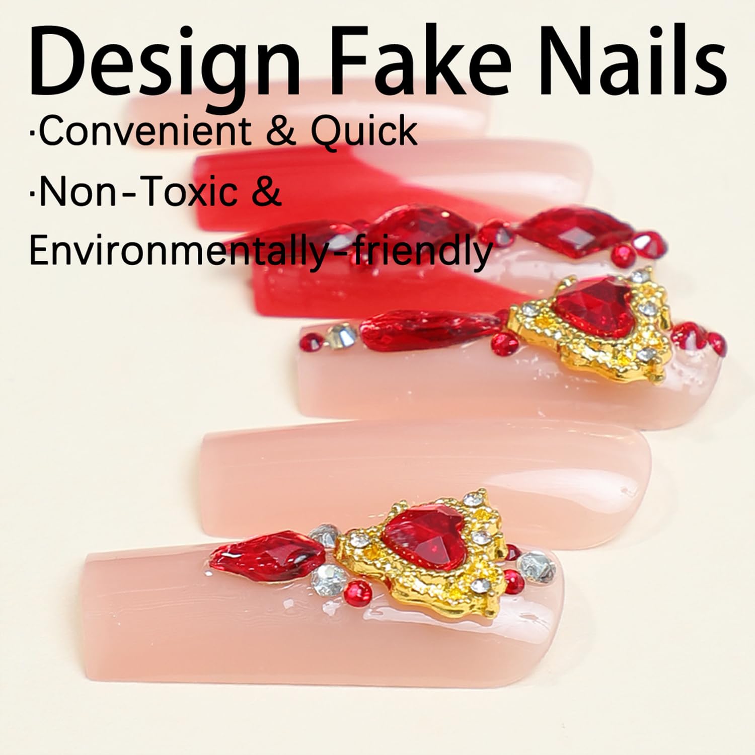 Red French Tip Press on Nails with Rhinestones - 24Pcs Square Long Fake Nails for Women | Reusable Acrylic Stick on Nails | Full Cover False Nails for Parties, Weddings & Special Occasions