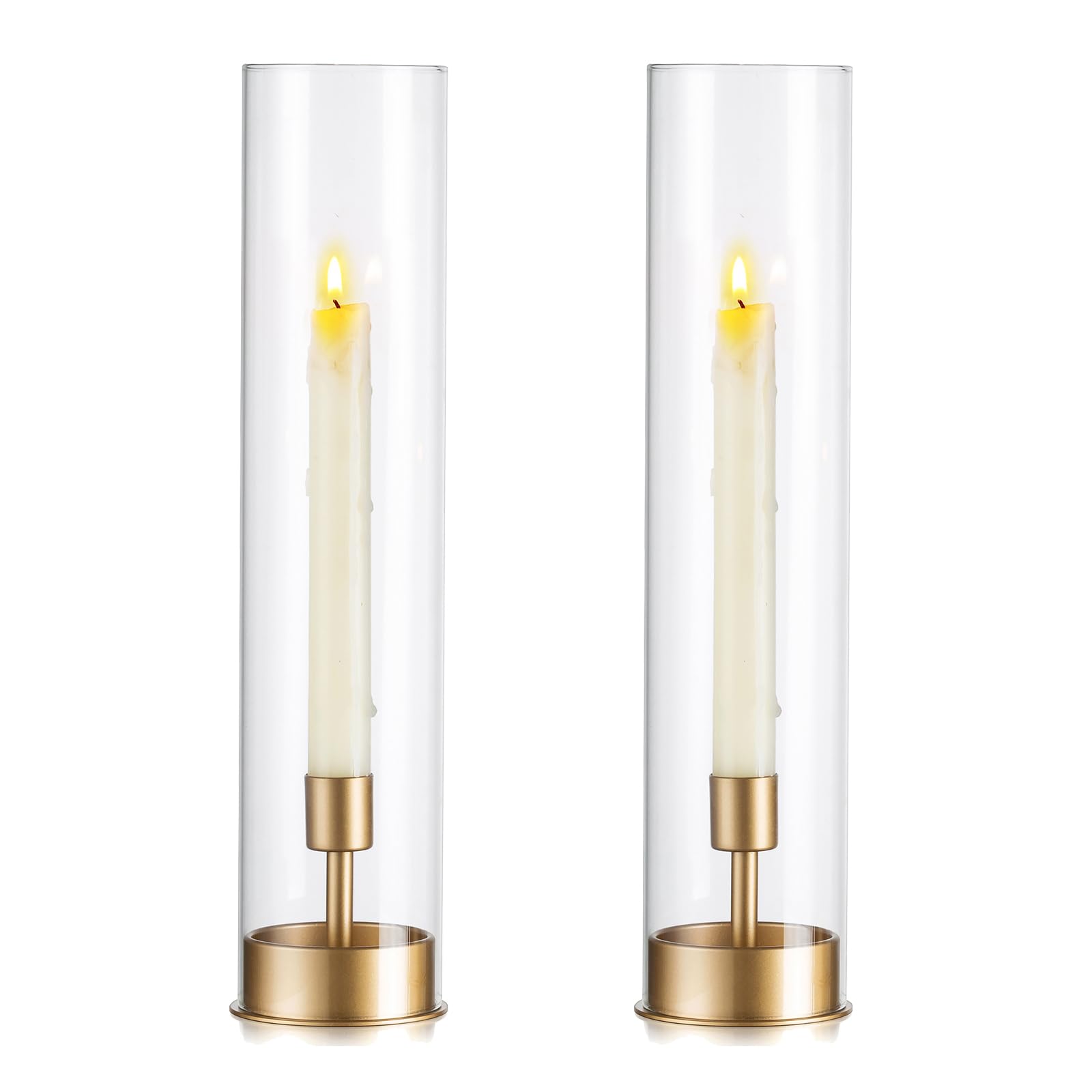 Hewory 2-Pack Gold Hurricane Taper Candle Holders - Elegant Glass Candlesticks for Wedding Centerpieces, Party Decor, Christmas Home Decor | Perfect for Dining Table, Mantel, and Event Decorations