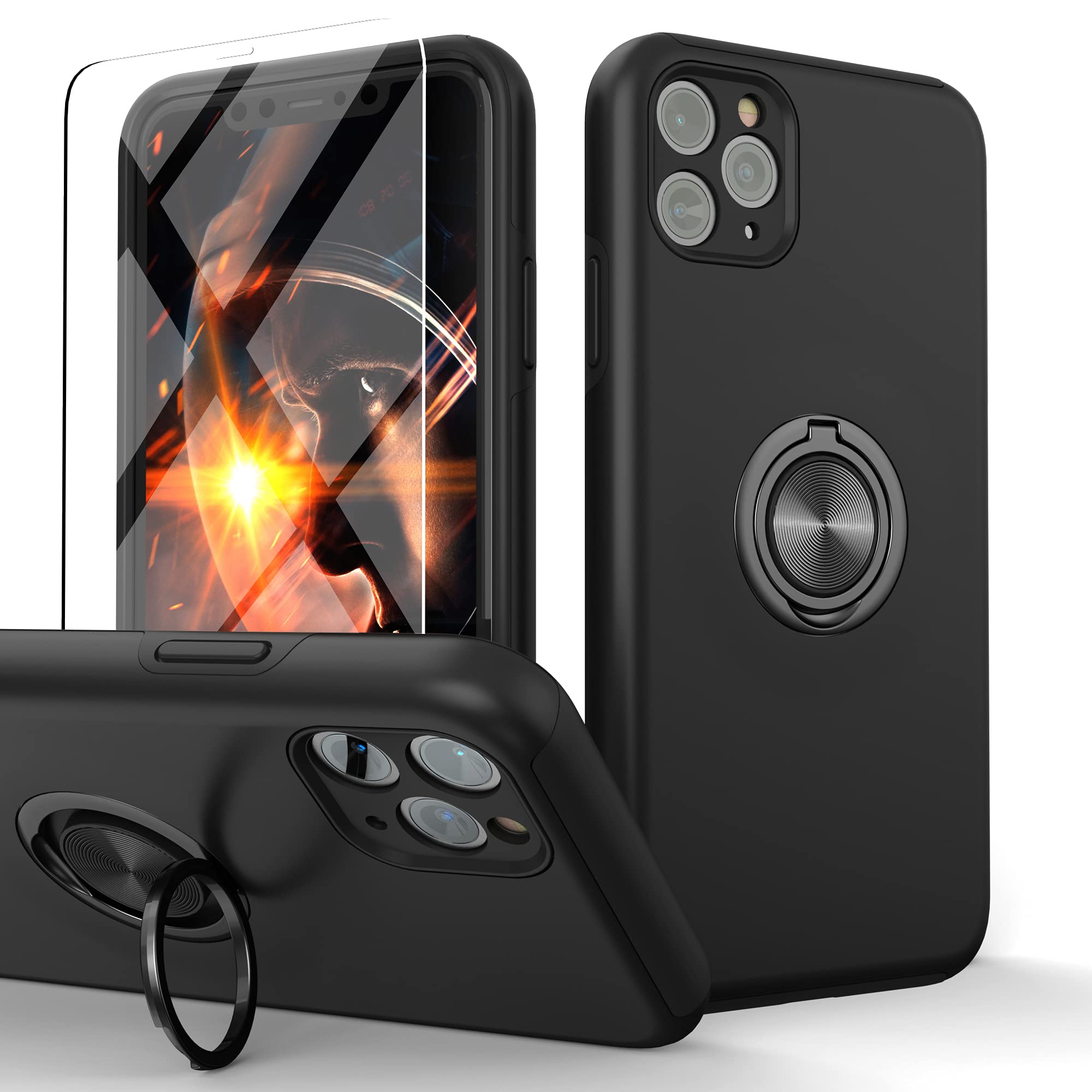 Premium iPhone 11 Pro Max Case with Tempered Glass Screen Protector - 2-in-1 Slim Protective Cover with Magnetic Kickstand (Black) | Shockproof Phone Case for Work, Travel & Outdoor Activities