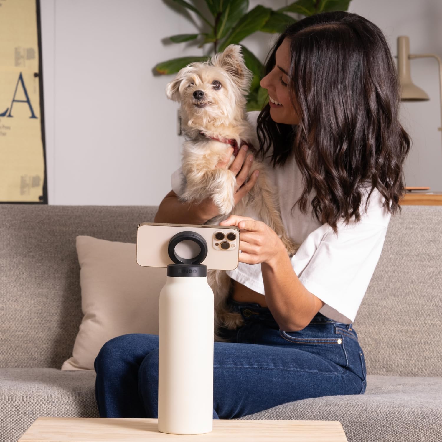 Ringo Insulated Stainless Steel Water Bottle 24oz with Mag-Safe Phone Holder & Magnetic Tripod Mount - Keeps Hot 12H/Cold 24H, 360° Rotation - Ivory - Perfect for Gym, Hiking, Travel & Outdoor Activities