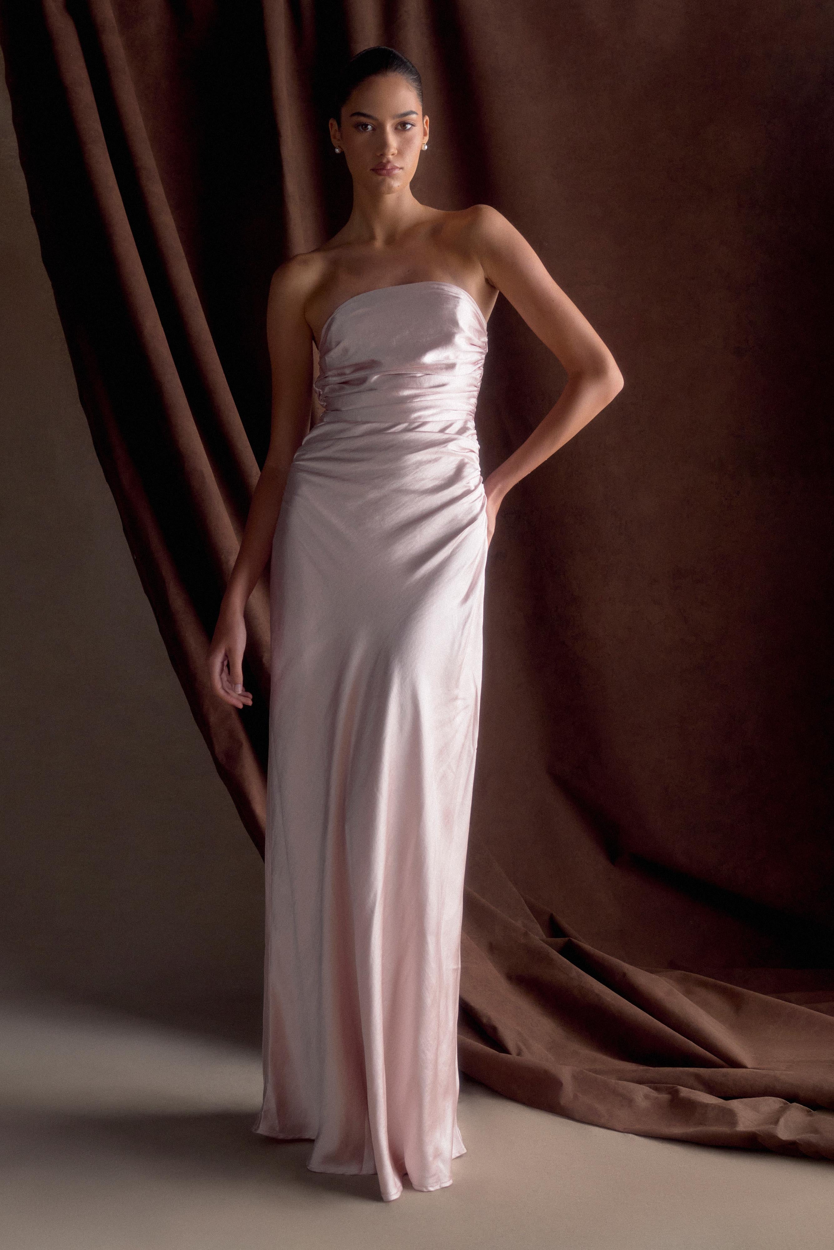 Strapless Satin Maxi Dress in Soft Pink - Elegant Cedar Evening Gown for Weddings, Parties & Special Occasions