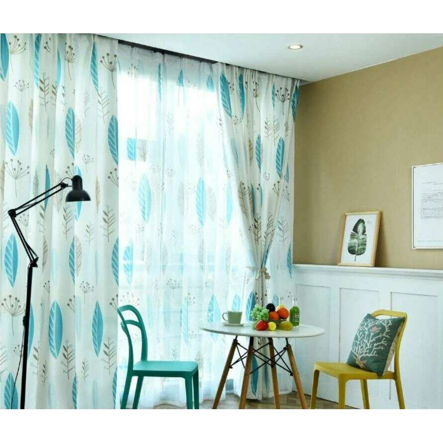 Astor Blue Leaves Printed Semi-Sheer Curtains - Light Filtering Window Drapes for Living Room, Bedroom & Nursery - Elegant Home Decor