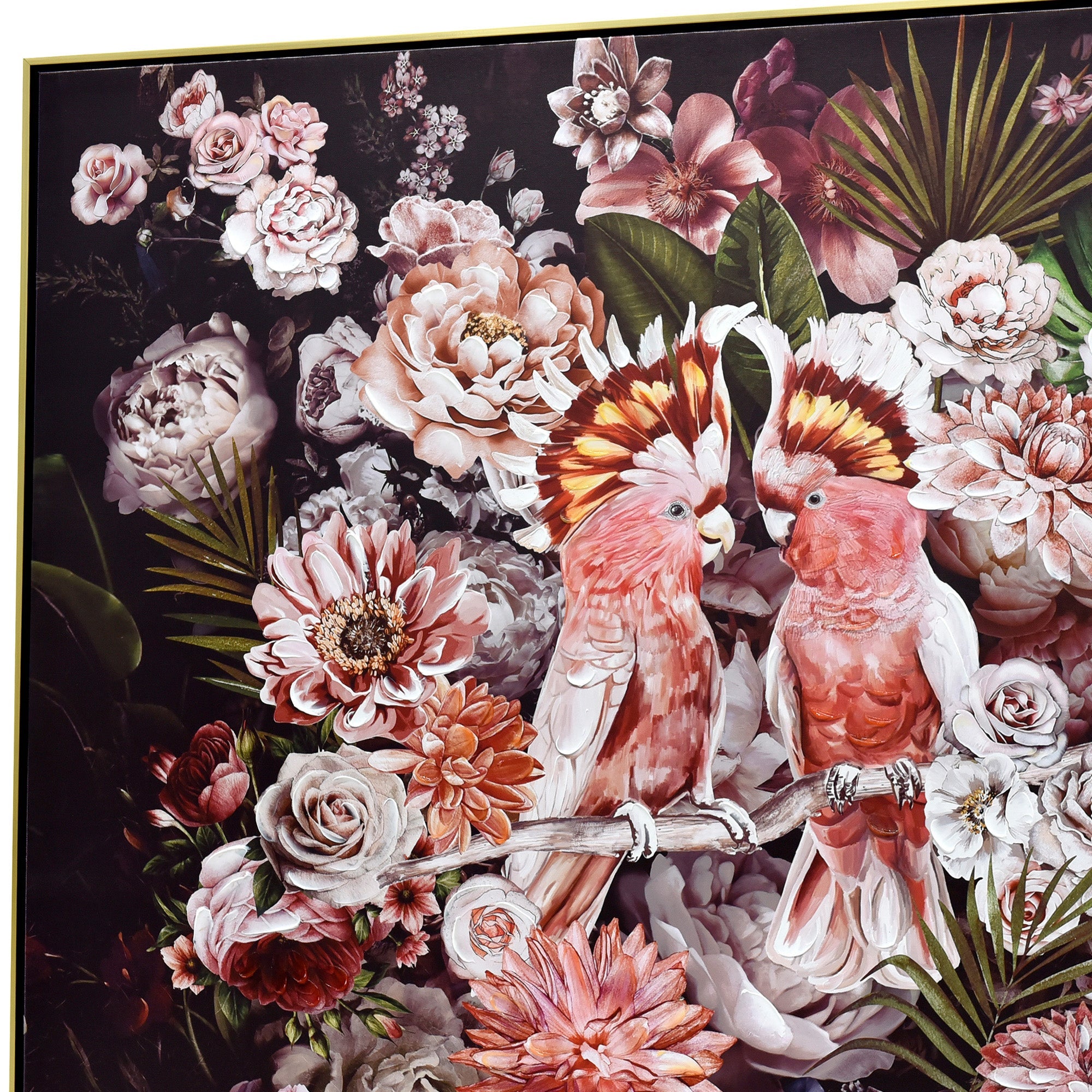 100X100cm Cockatoo Romance Gold Framed Canvas Wall Art - Elegant Tropical Bird Painting for Living Room, Bedroom & Office Decor | Premium Home Wall Decor Gift Idea
