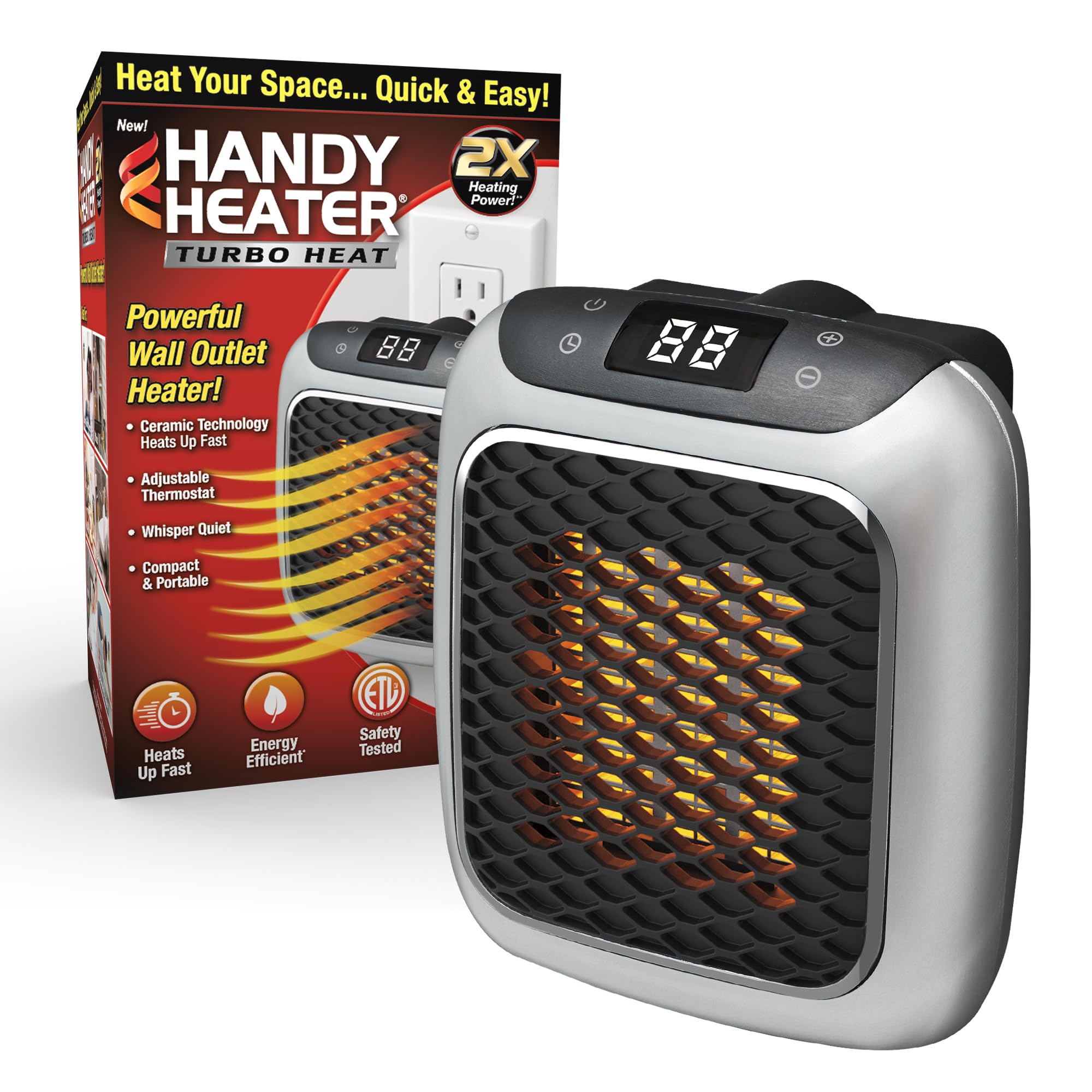 Ontel Handy Heater Turbo - Compact Wall Outlet Ceramic Space Heater with Adjustable Thermostat, 12H Timer & Auto Shut-Off - Quiet Energy Efficient for Office, Bedroom, Bathroom & Small Spaces (Packaging May Vary)