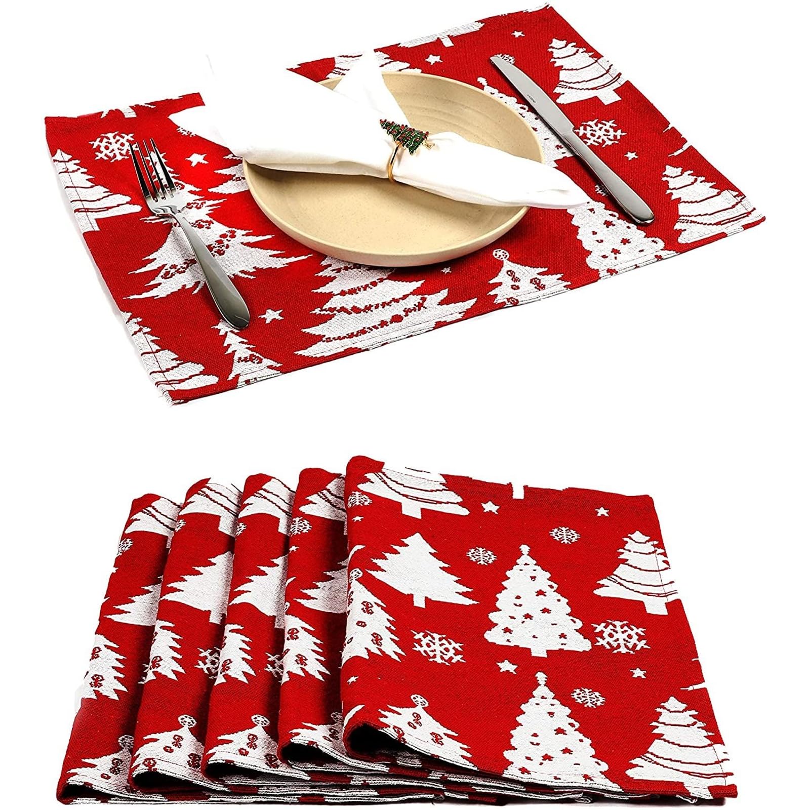 Okuna Outpost Red Christmas Tree Placemats Set of 6 - 17.5 x 13 Inch Holiday Dining Table Mats for Christmas Decor - Perfect for Festive Gatherings, Dinner Parties & Seasonal Home Decor