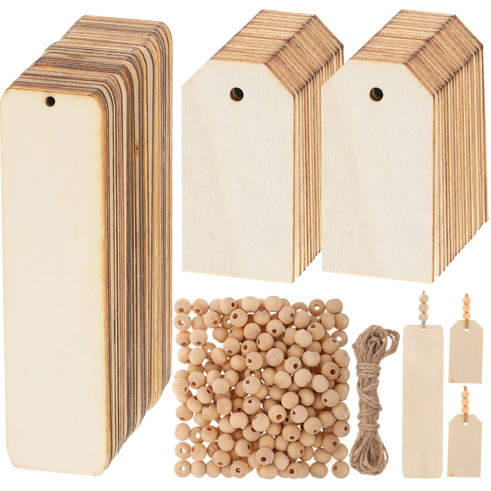 261-Piece Christmas Stocking Name Tags & Wooden Gift Tags with Holes - Natural Unfinished Wood Beads with Rope for DIY Garland, Party Decor, and Crafts - Perfect for Holiday Gift Wrapping, Christmas Tree Ornaments, and Handmade Decorations (Beige)