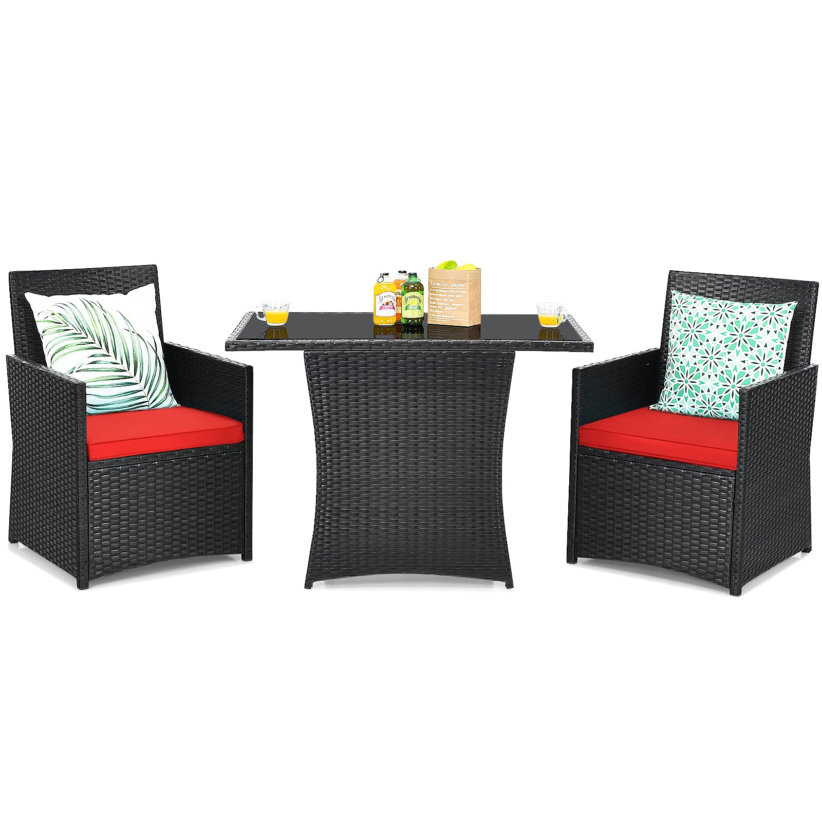 Tangkula 3-Piece Outdoor Dining Set - PE Rattan Bistro Table with Tempered Glass Top & Cushioned Chairs, Space-Saving Patio Furniture for Garden, Backyard, Poolside, Porch - Perfect for Al Fresco Dining & Outdoor Entertaining (Red)
