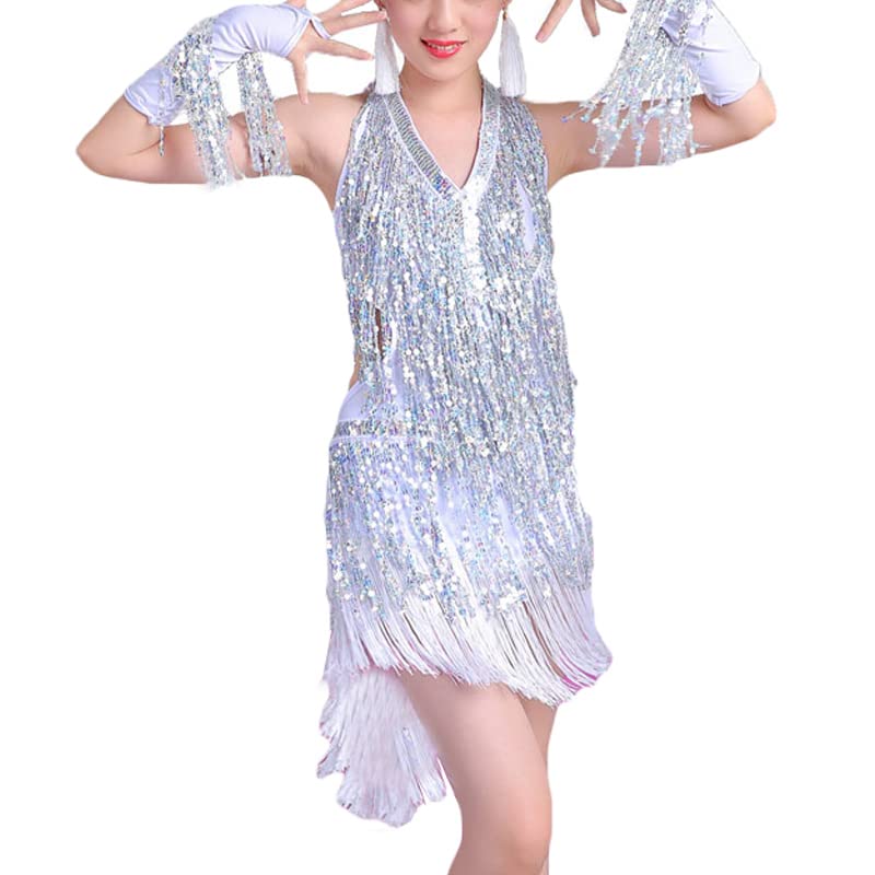 Sparkling Girls Latin Dance Dress with Sequins & Fringe - Elegant Ballroom Modern Tango Performance Costume for Kids & Teens - Perfect for Competitions, Recitals & Dance Shows