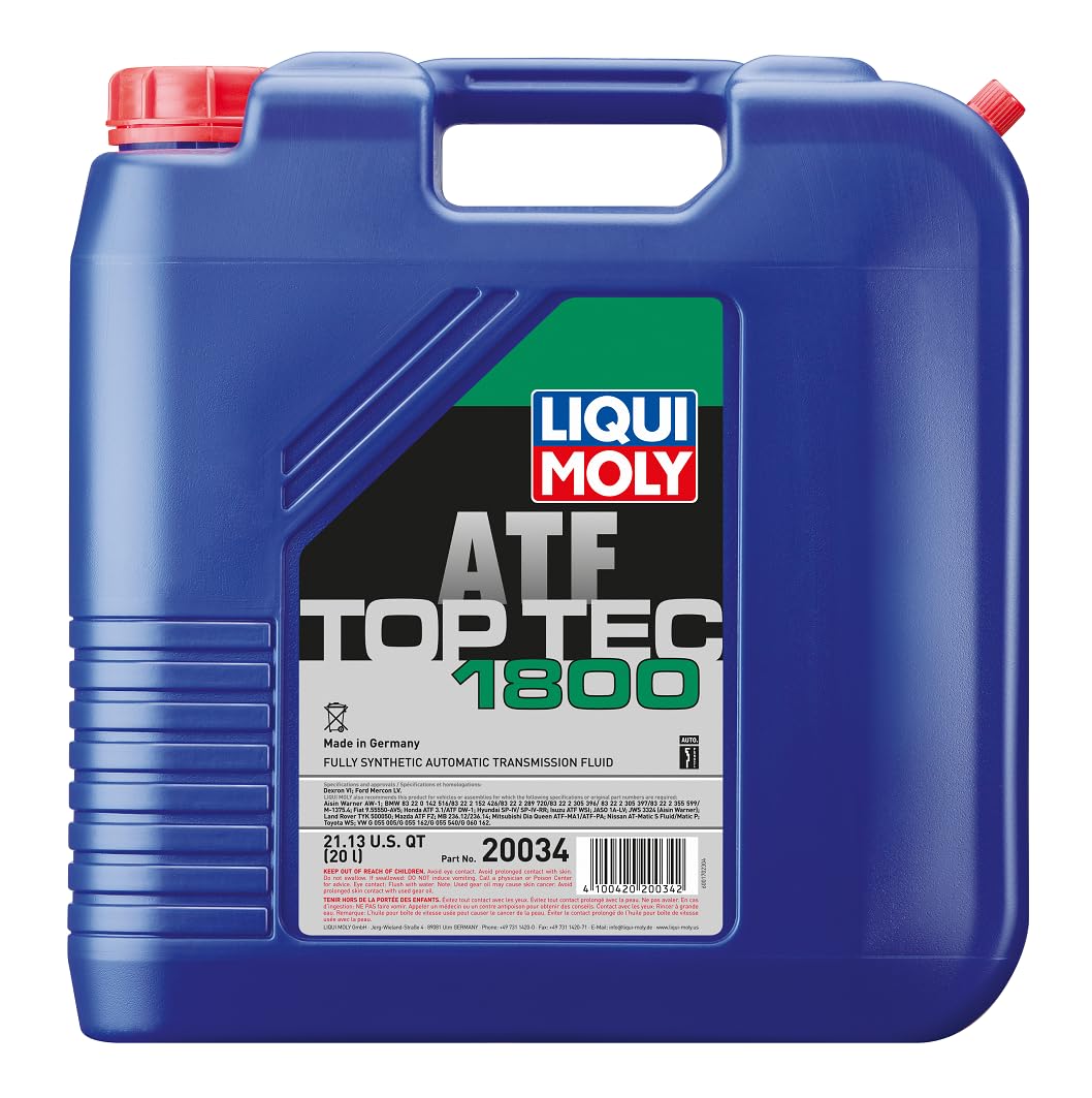 LIQUI MOLY Top Tec ATF 1800 Synthetic Automatic Transmission Fluid - 20 Liter | Premium Gear Oil & Hydraulic Oil for Cars, Trucks, Heavy Equipment & Industrial Machinery | High Performance Transmission Fluid for Smooth Shifting & Hydraulic System Protection | Ideal for Transmission Service, Hydraulic Maintenance & Fleet Vehicle Care