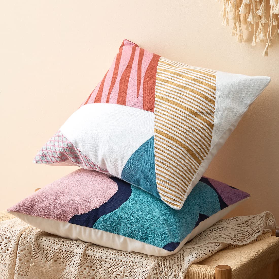 Boho Geometric Tufted Decorative Throw Pillow Cover - Farmhouse Cotton Embroidery Accent Square Cushion Case for Couch, Sofa & Bed (18