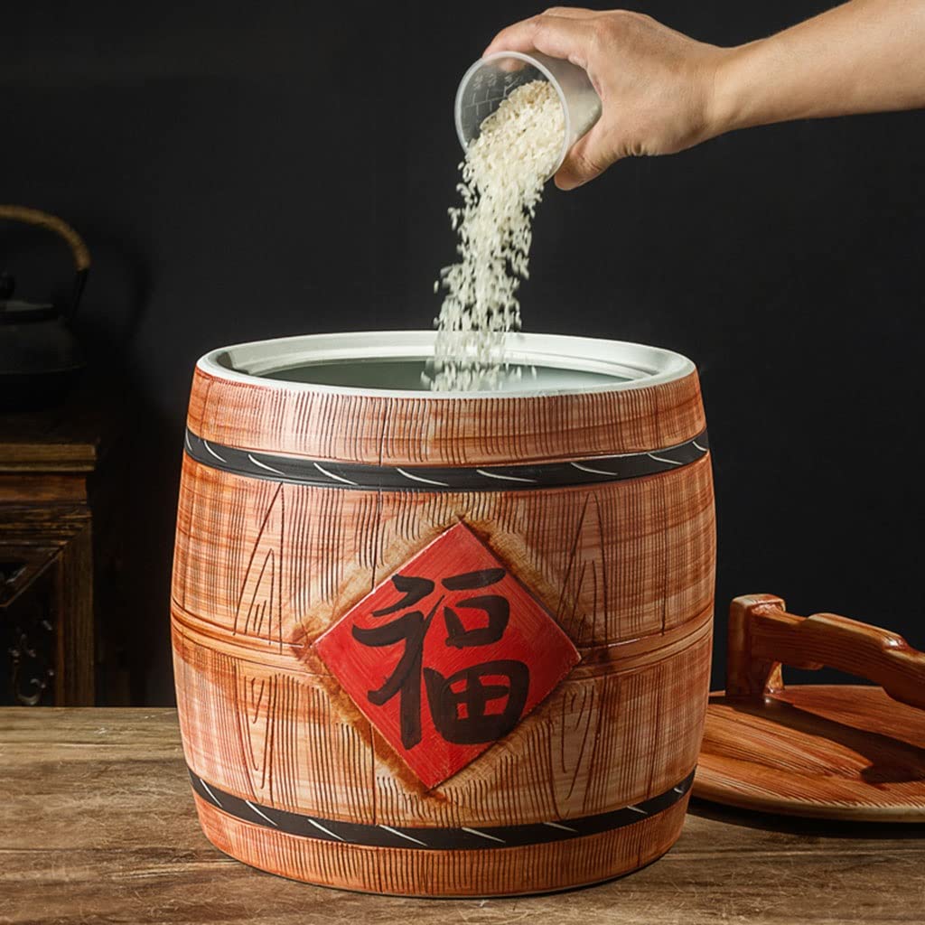 Wood Grain Ceramic Rice Storage Jar with Lid - Airtight Kitchen Container for Flour, Beans & Rice (36x34.4cm, Brown) | Perfect for Pantry Organization & Bulk Food Storage