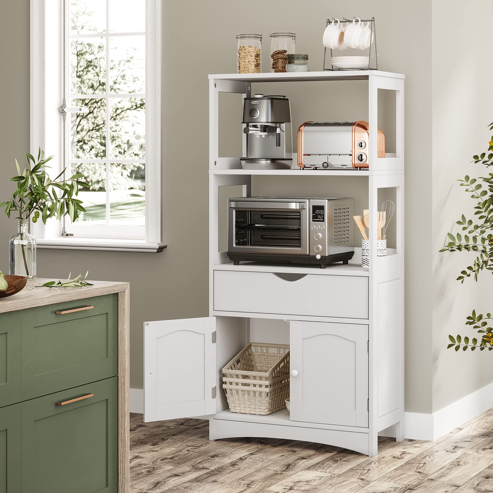 Brinlawb White Freestanding Kitchen Pantry Storage Cabinet with Microwave Space, Doors & Shelves - Waterproof Linen Tower Cabinet for Snacks, Bathroom & Home Organization | Perfect for Small Apartments, Dorms & Kitchen Storage Solutions