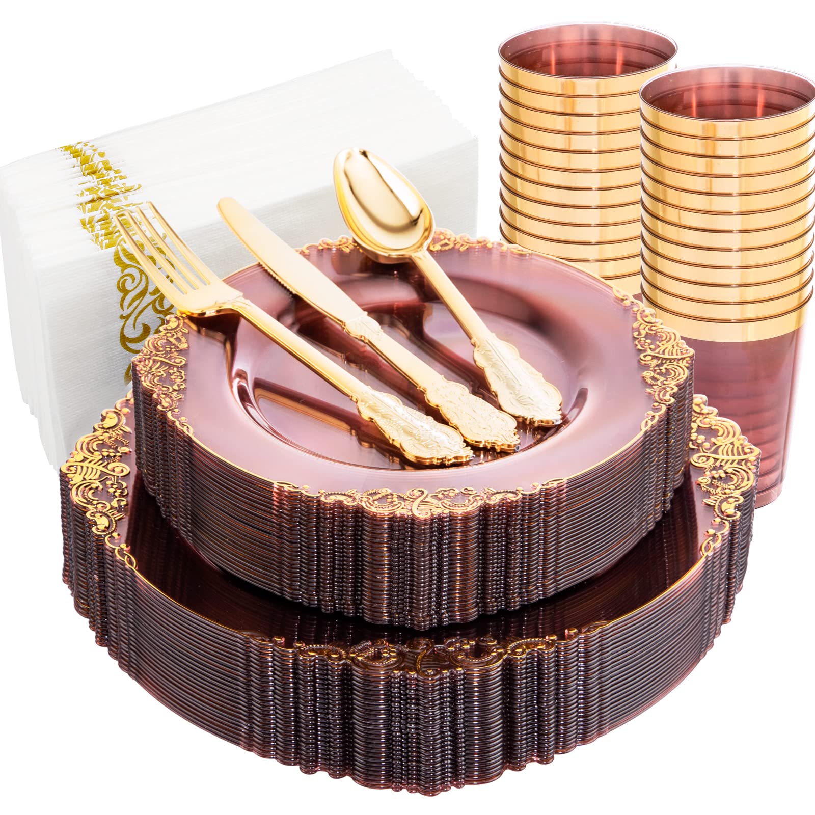 Hioasis 175-Piece Clear Burgundy Plastic Disposable Tableware Set - Includes 25 Dinner Plates, 25 Dessert Plates, 25 Knives, 25 Forks, 25 Spoons, 25 Cups & 25 Napkins - Perfect for Weddings, Parties, BBQs & Outdoor Events