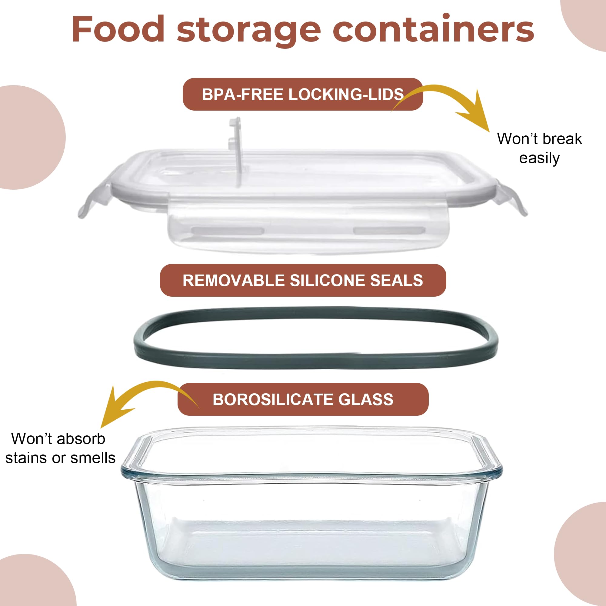 Razab 2700ml (92 Oz) Large Glass Food Storage Containers with Vented Lids - BPA Free, Airtight & Leakproof Snap Lock Lids - Microwave, Oven & Freezer Safe - Perfect for Baking, Casserole, Meal Prep & Leftovers Storage