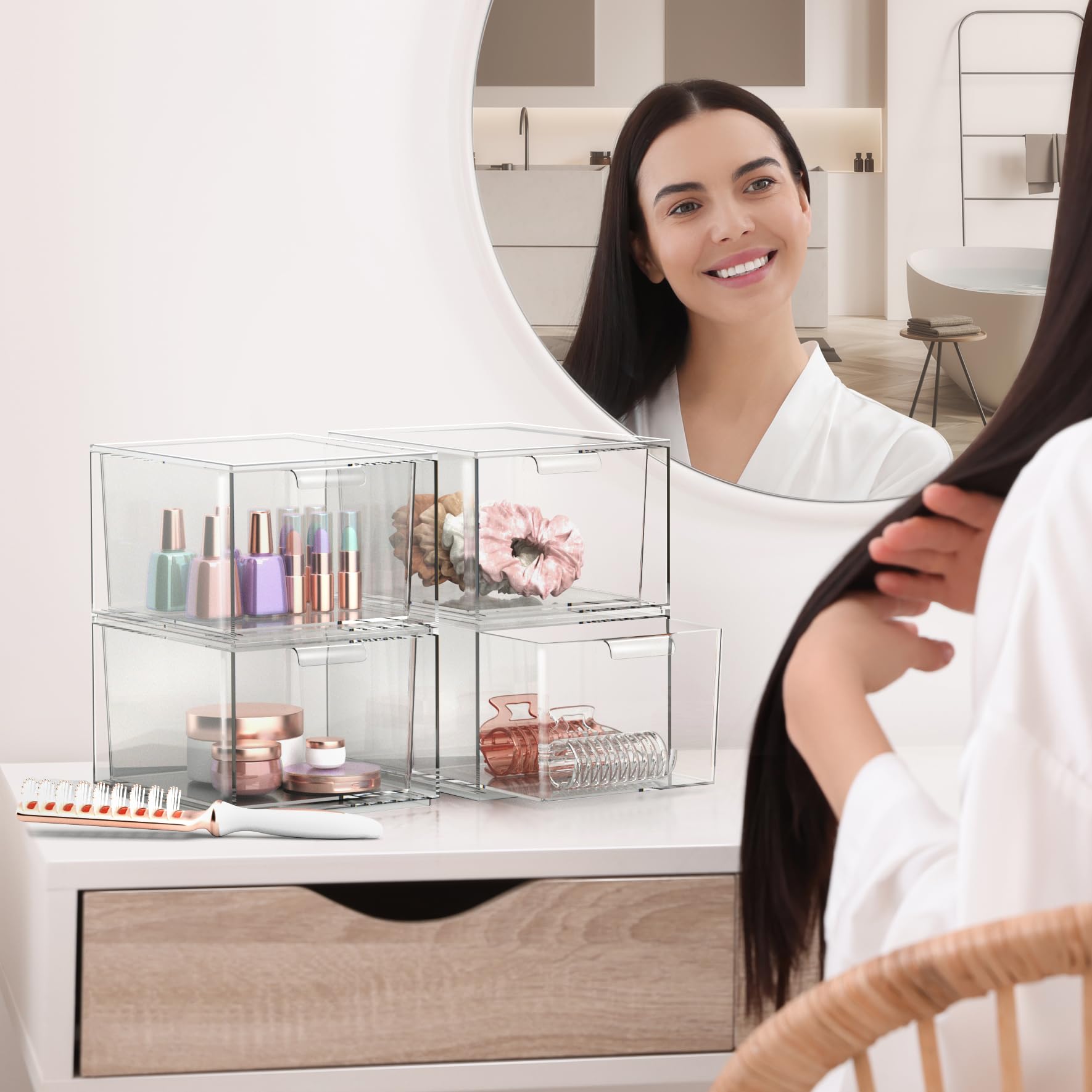 Clear Stackable Storage Drawers 4-Pack - Acrylic Organizer for Vanity, Bathroom & Kitchen | Home Organization Solution