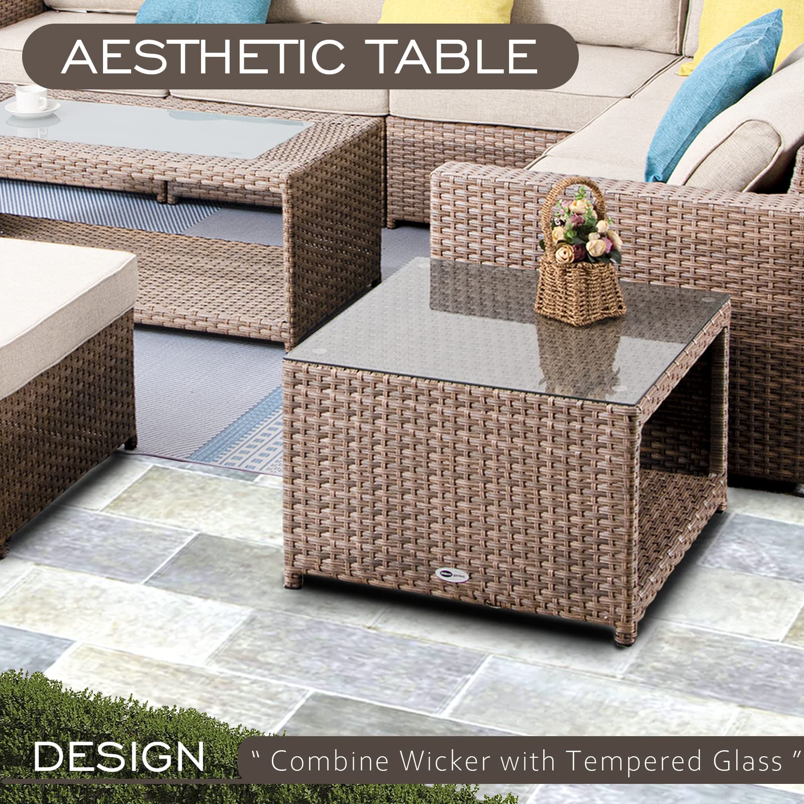 DIMAR GARDEN Outdoor Coffee Table - Wicker Rattan Patio Side Table with Storage & Tempered Glass Top - Modern Luxury Furniture for Garden, Balcony, Poolside - Light Brown