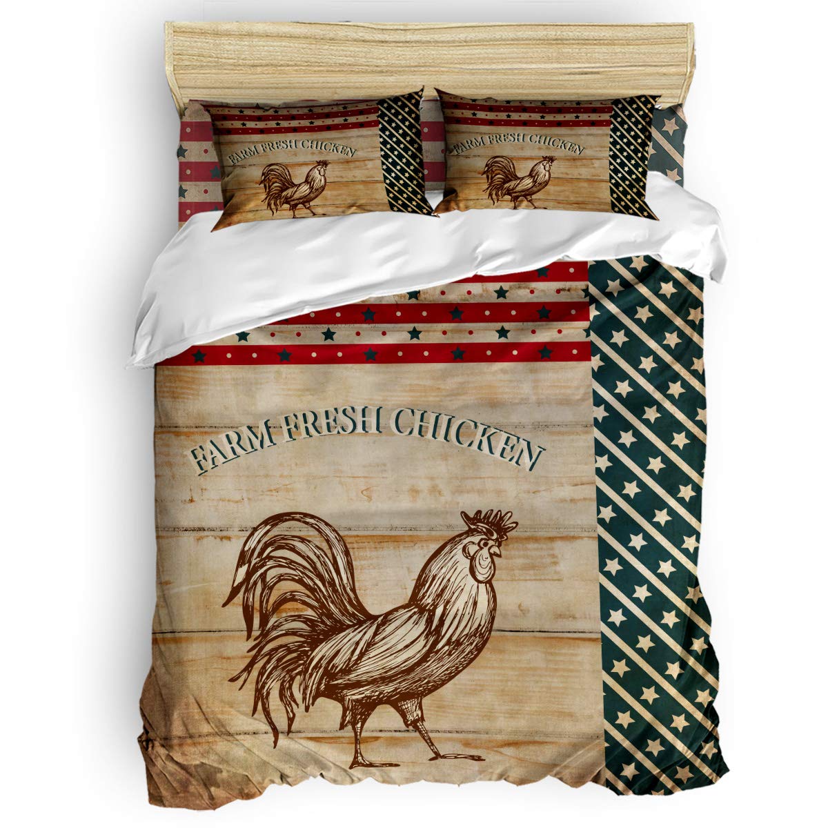 4-Piece Vintage American Flag Stars Duvet Cover Set - Queen Size Farmhouse Chicken Bedding, Soft Luxury Quilt Cover with Decorative Pillowcases | Perfect for Farmhouse Decor, Guest Rooms & Patriotic Home Styling
