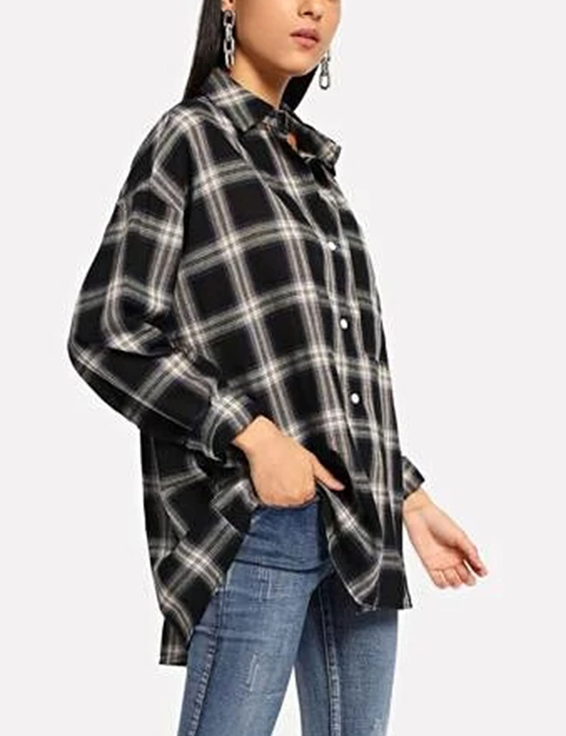 HangNiFang Women's Oversized Flannel Plaid Shirt - Long Sleeve Button Down Blouse for Casual Wear, Fall Layering & Outdoor Activities