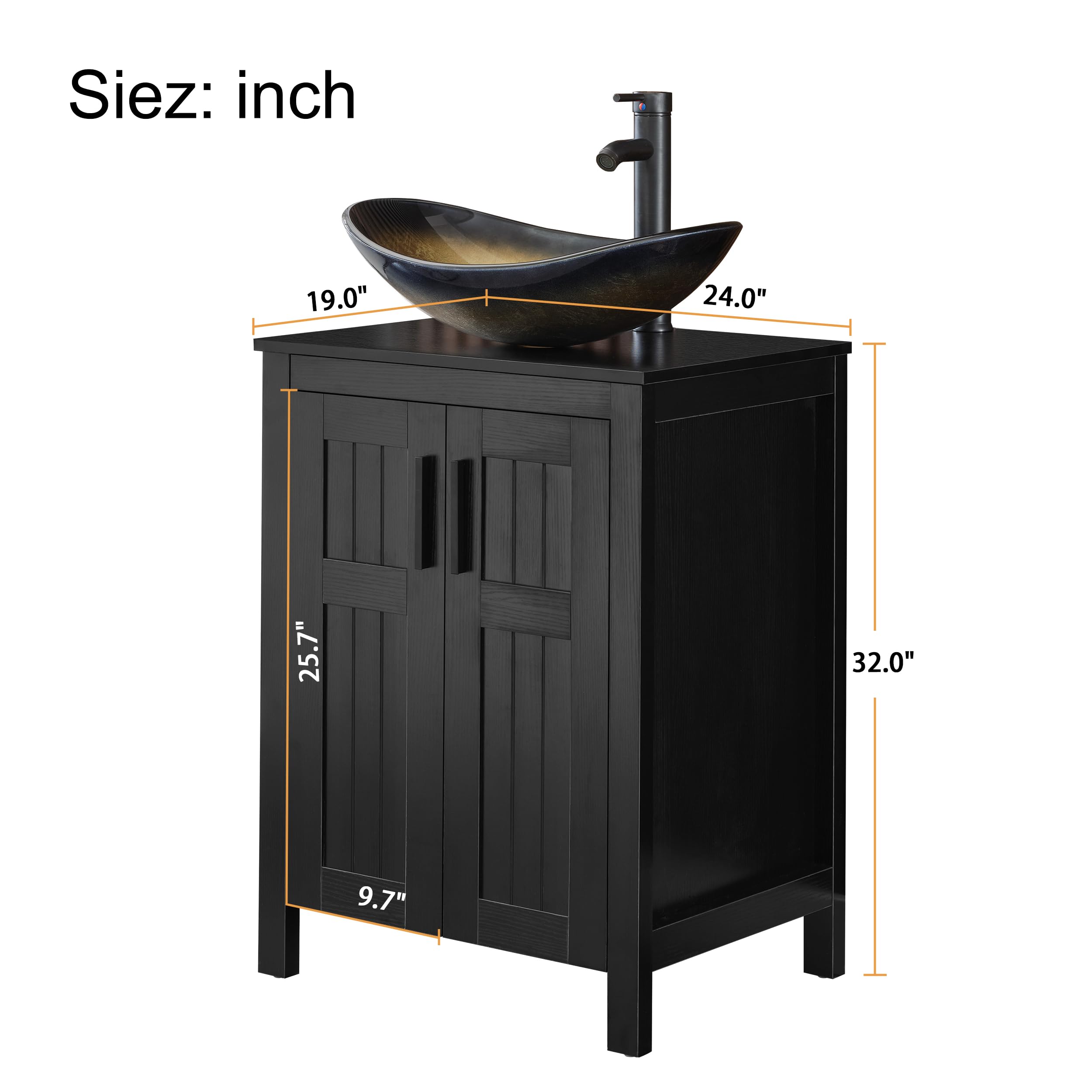 24 Inch Black Freestanding Bathroom Vanity with Champagne Boat Tempered Glass Vessel Sink - Modern Double Door Sink Cabinet with Grooved Design & Metal Handles | Perfect for Small Bathrooms, Powder Rooms & Contemporary Home Decor