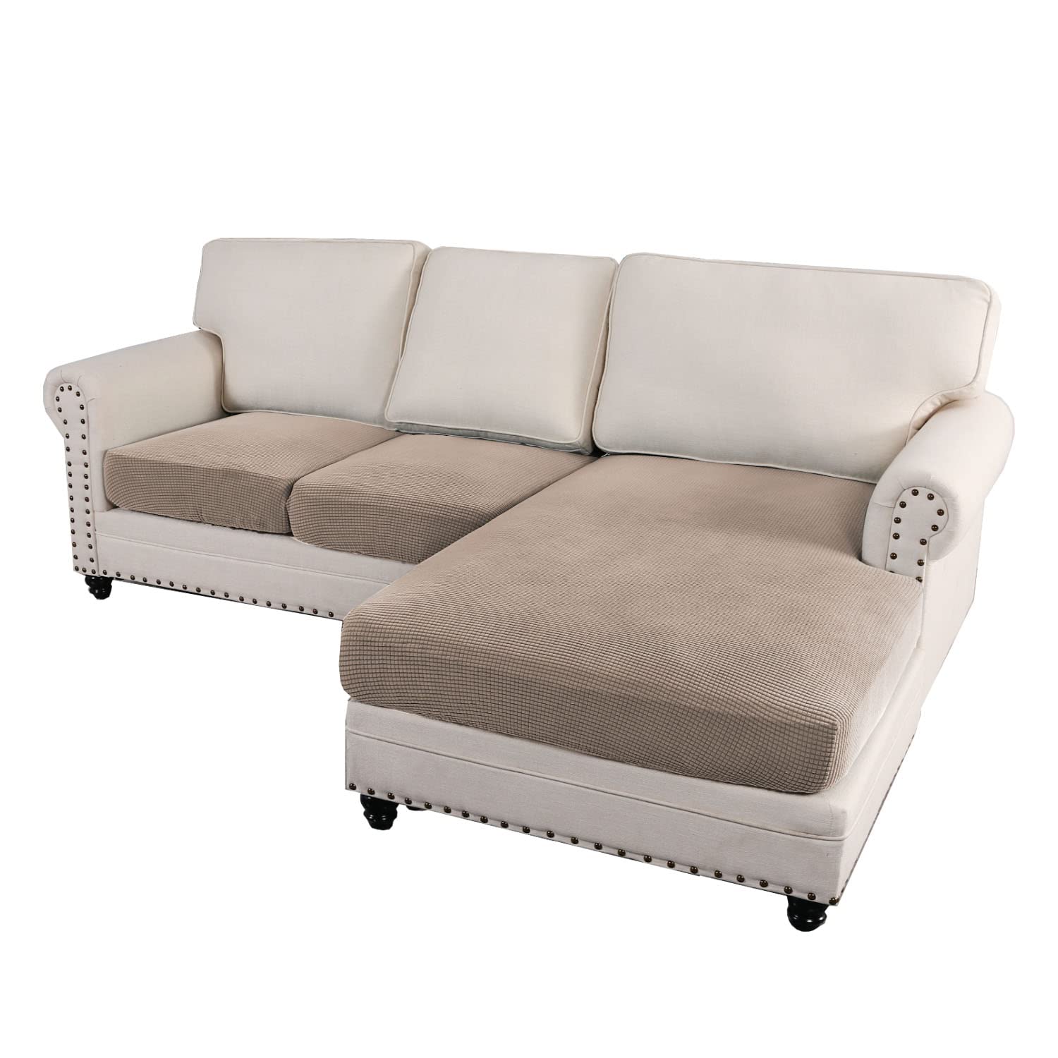 H.VERSAILTEX 3-Piece L-Shaped Sectional Sofa Covers - Reversible Left/Right Chaise & Seat Cushion Protectors (Sand Beige) for Living Room, Family Room & Home Theater Comfort