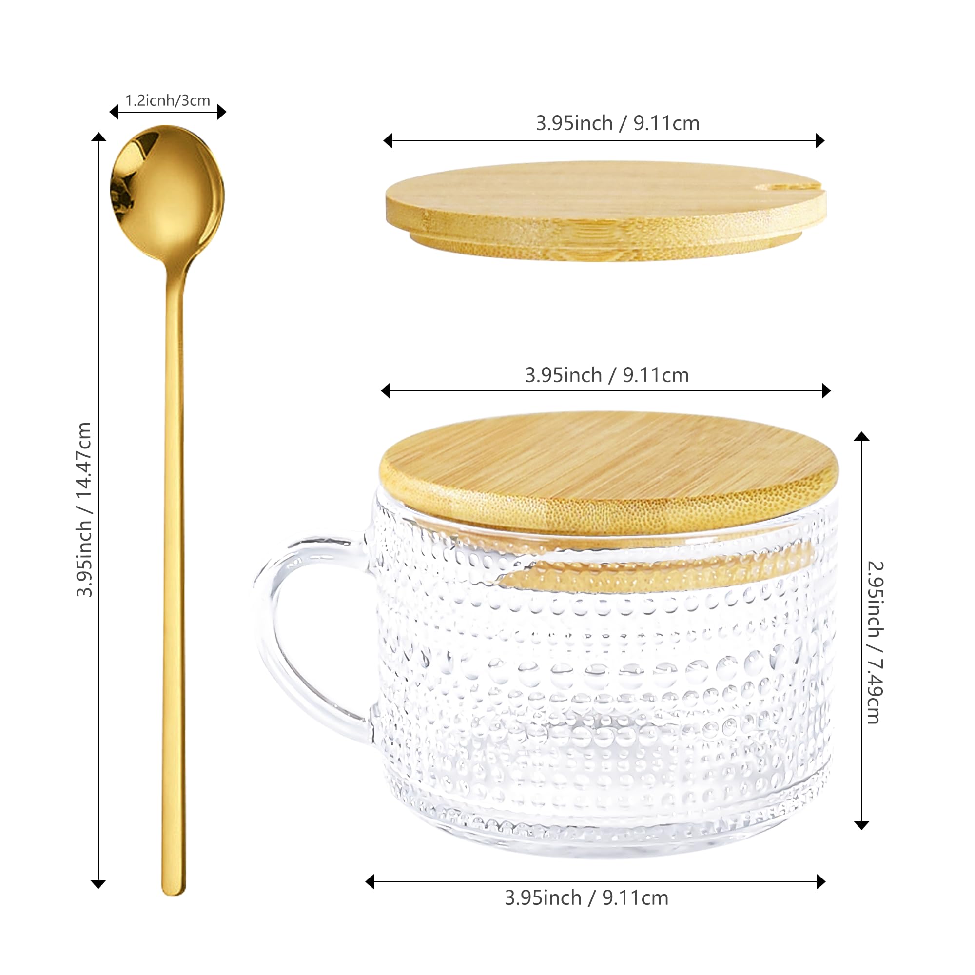 14oz Vintage Glass Mugs Set of 6 with Bamboo Lids & Spoons - Reusable Overnight Oats Containers for Coffee, Latte, Cereal, Yogurt - Perfect for Home, Office, Camping & Gifts (6 Mixed Patterns with Sealing Ring)
