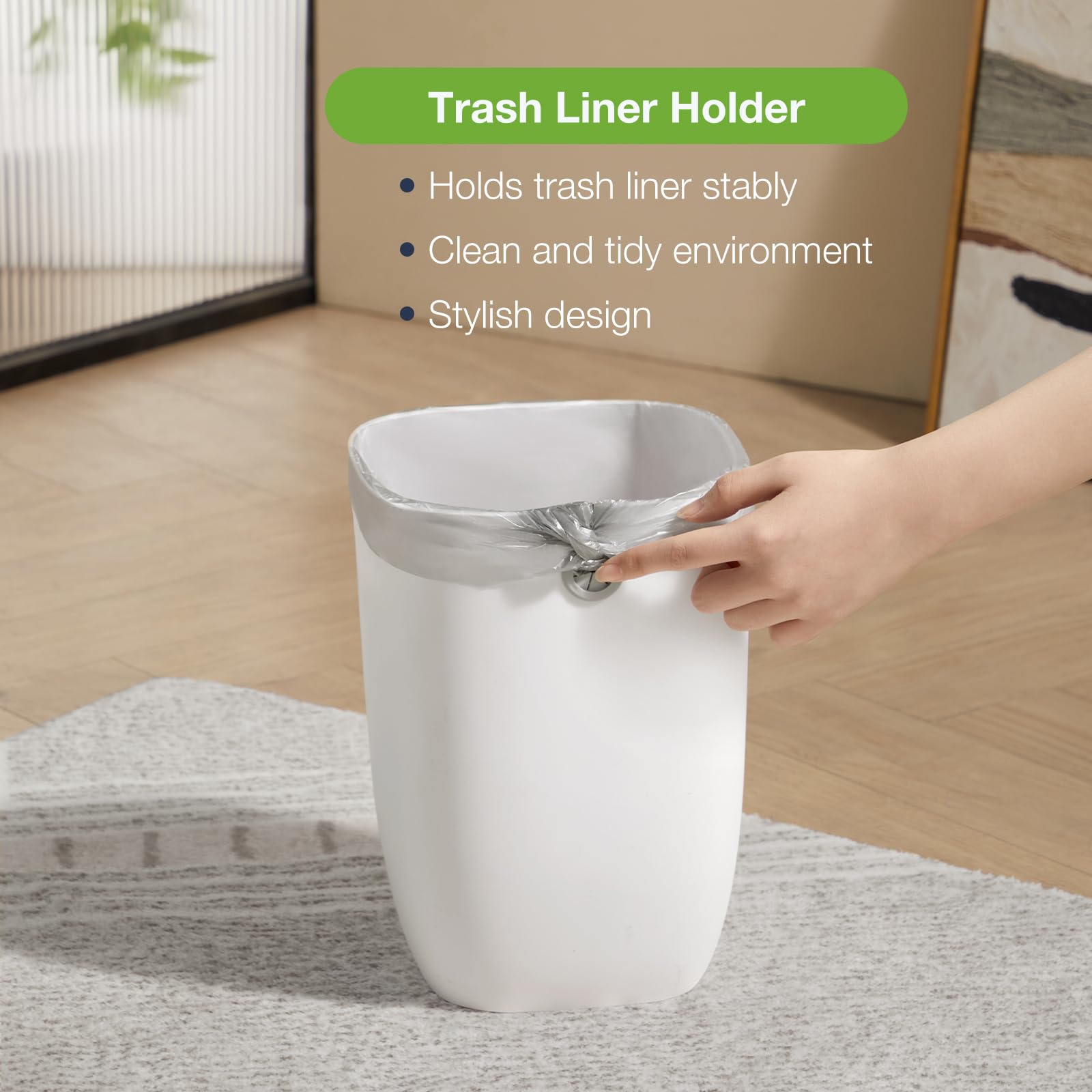 Eco-Friendly Green Plastic Trash Can with Liner Holder - 1.8 Gallon (7 Liter) Rectangular Waste Basket for Bathroom, Kitchen, Bedroom & Living Room - Perfect for Small Spaces & Modern Home Décor