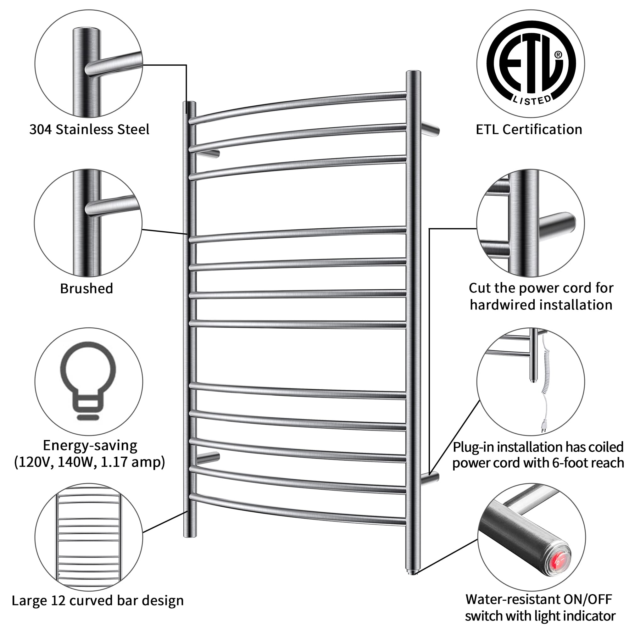 HEATGENE Electric Towel Warmer - Wall Mounted Heated Towel Rack with Plug-in/Hardwired Options, Brushed Stainless Steel - Perfect for Bathrooms, Spas & Luxury Home Use