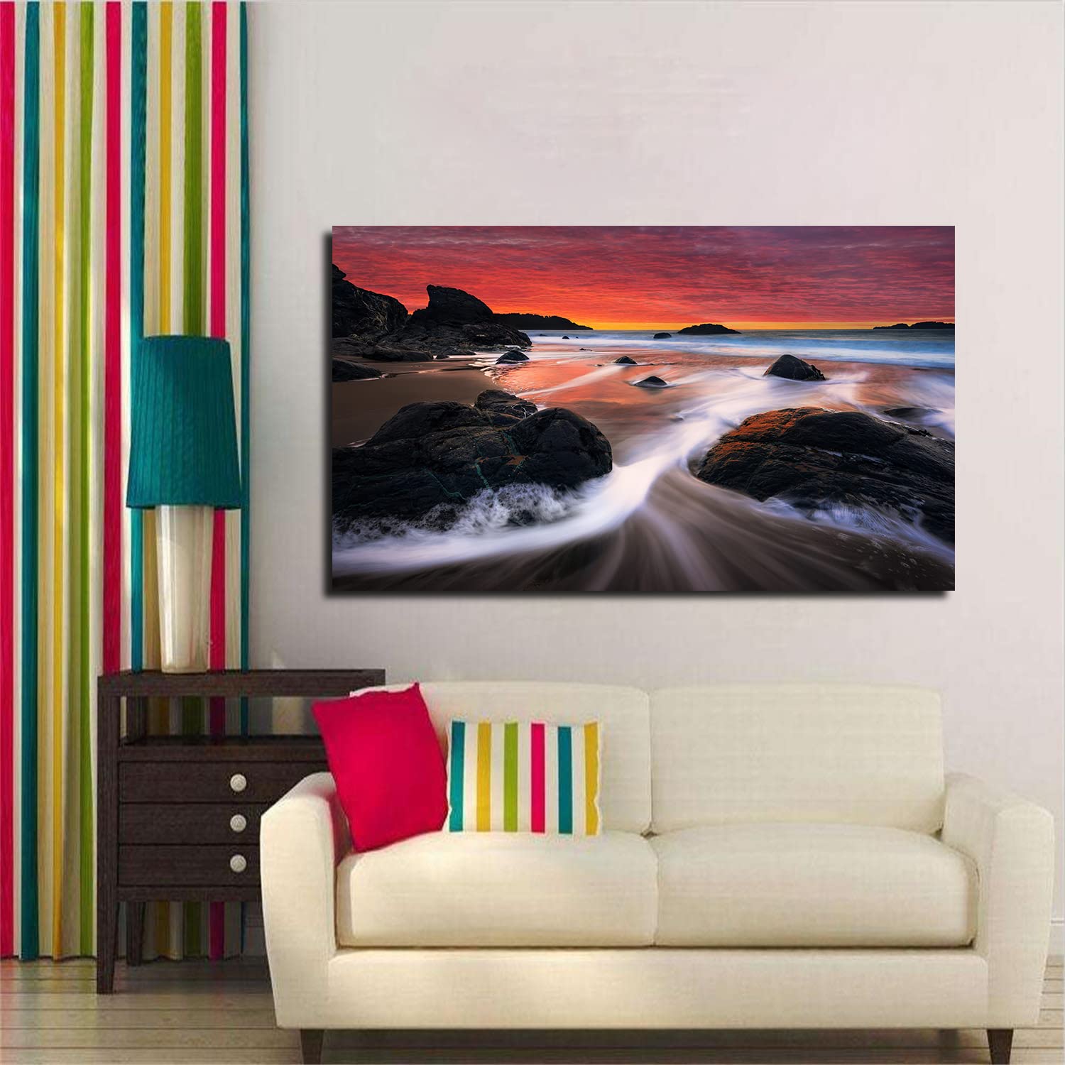 Pink Sky Beach Waves Canvas Art - Framed Sunset Painting for Wall Decor, Home Office & Bedroom - Ready to Hang | Coastal Landscape Artwork for Beach House & Living Room