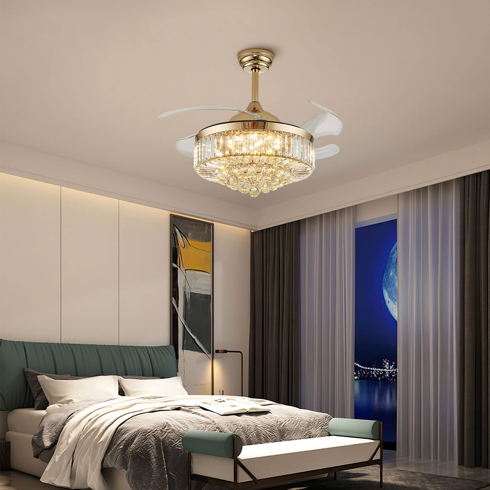 Modern Crystal Ceiling Fan with Lights & Remote - 42