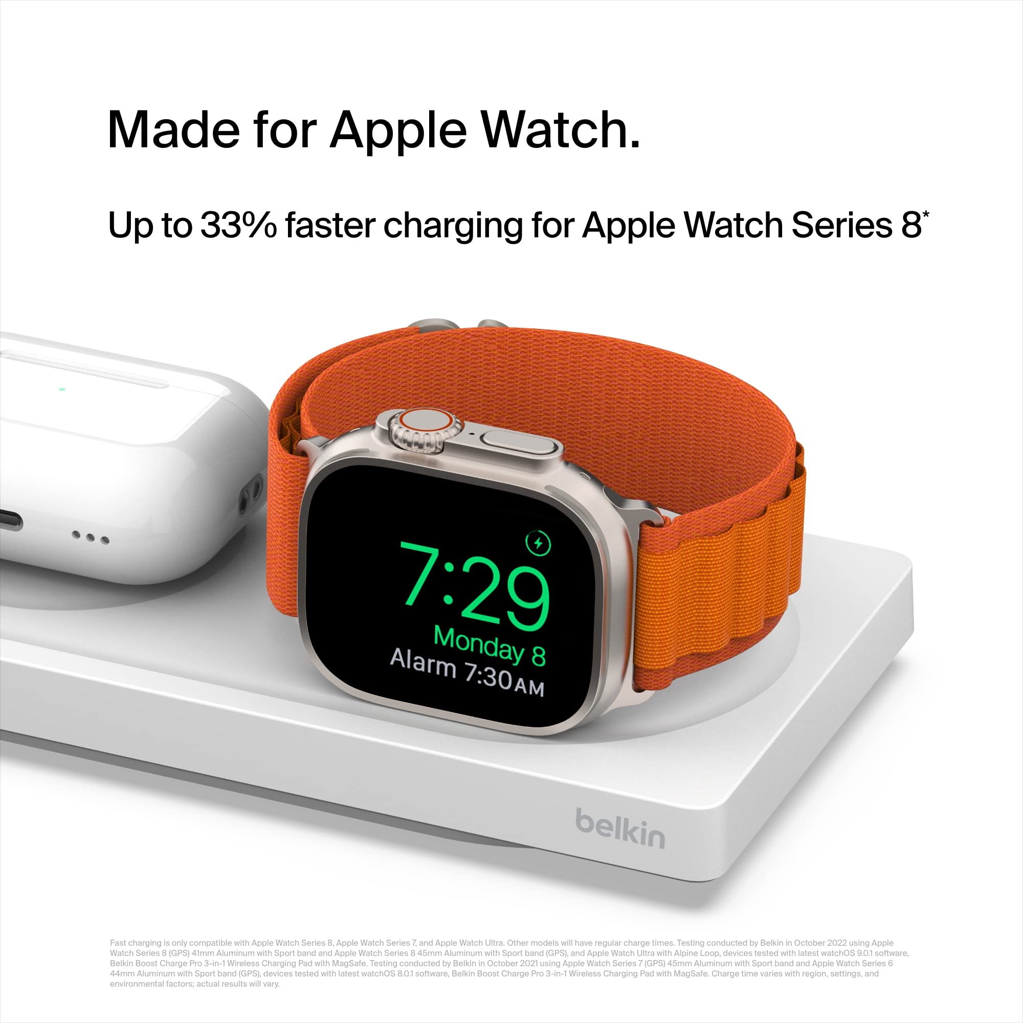 Belkin 3-in-1 MagSafe Wireless Charging Station - MFi Certified Fast Charger for iPhone 16/15/14/13/12 Series, Apple Watch 10/9/8/7/SE/Ultra, AirPods Pro/2/3 - Compact Travel Charging Pad for Home, Office & Nightstand Use
