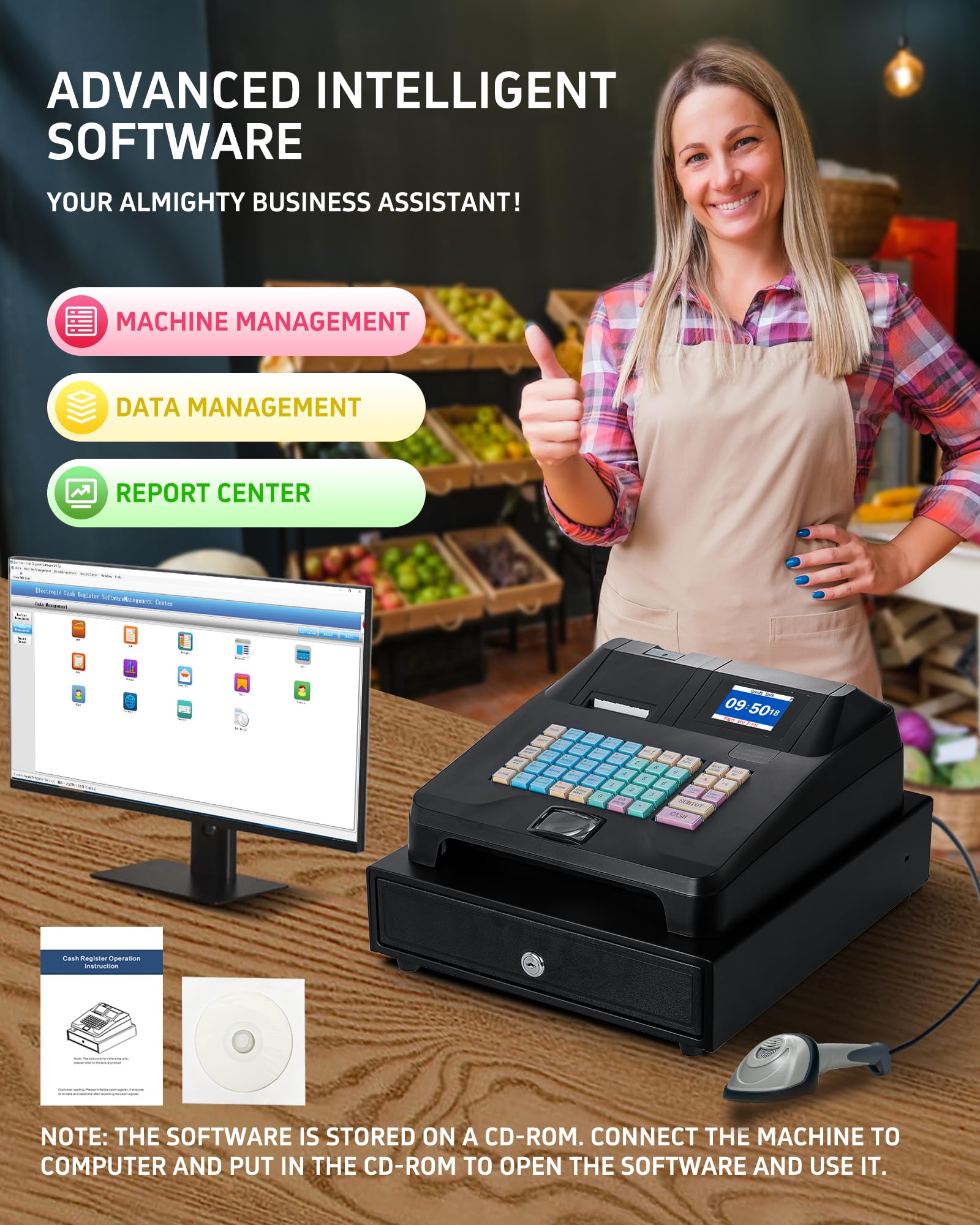 Perfiware Electronic Cash Register for Small Business - Dual Display, Auto Receipt Printer, Cash Drawer & Barcode Scanner - Oil-Proof Keyboard for Retail Stores, Restaurants, Malls & Shops (Perfect for Quick Checkout & Inventory Management)